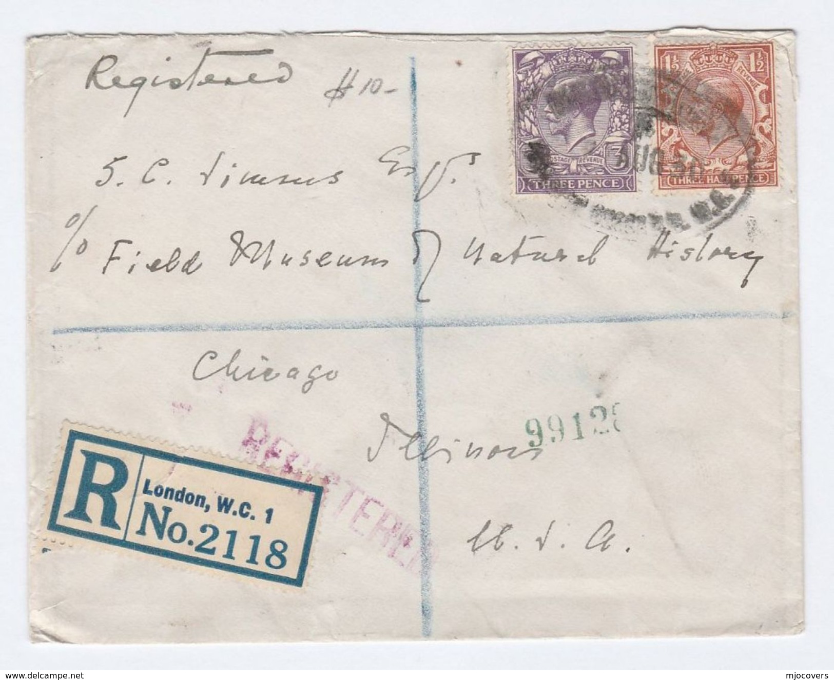 1930 REGISTERED GB COVER To USA Lonodn To Chicago Natural History Museum  Gv 3d 1 1/2d Stamps - Covers & Documents