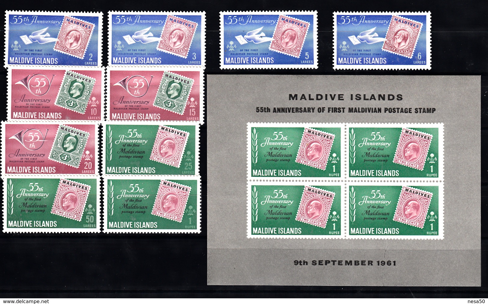 Maldiven 1961 Mi Nr 77 - 86 + Blok Nr 1 ; Zegel Op Zegel, Stamp On Stamp, Duif, Dove, Posthoorn, Compleet - Maldives (...-1965)