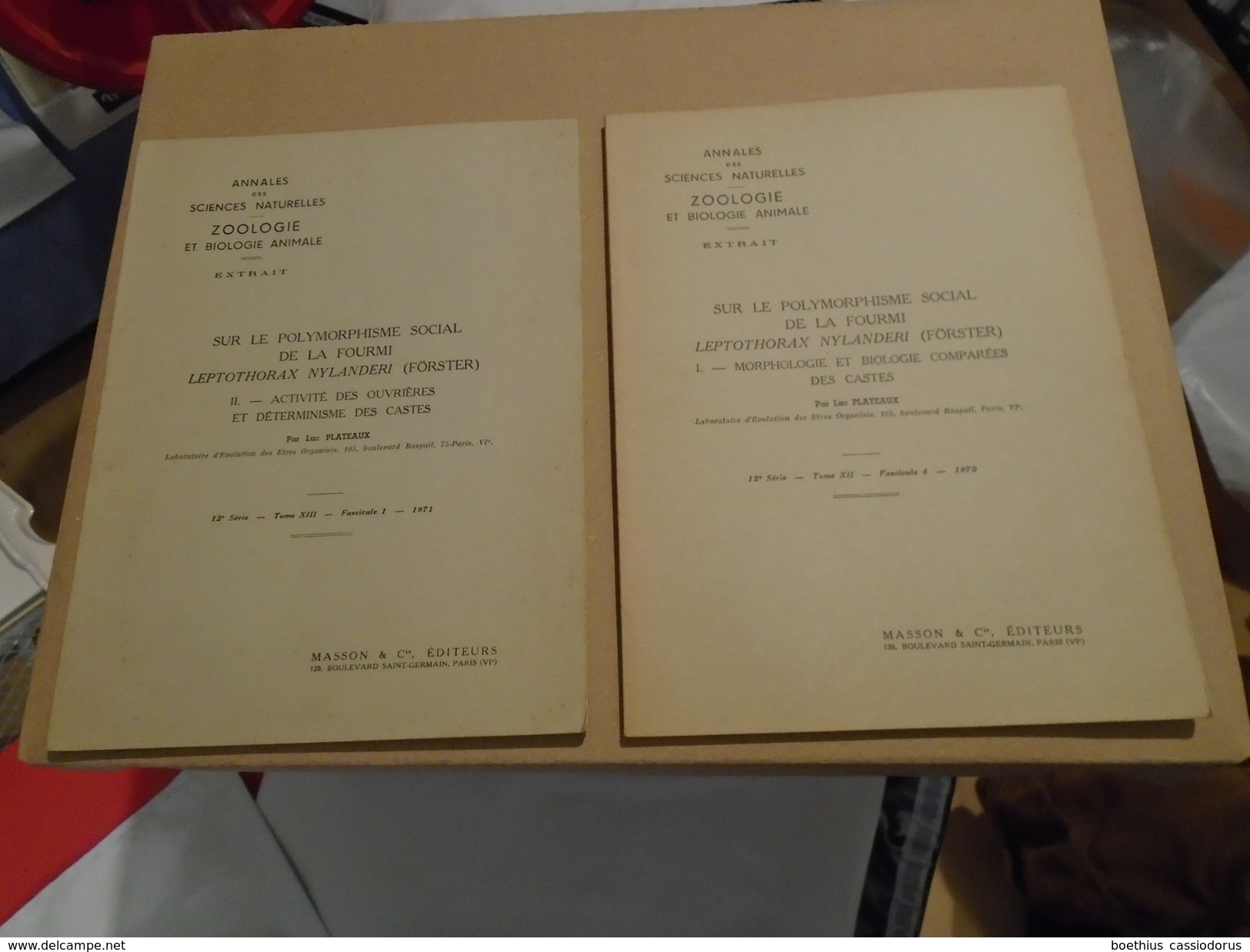 SUR LE POLYMORPHISME SOCIAL DE LA FOURMI LEPTOTHORAX NYLANDERI LUC PLATEAUX Les 2 Volumes !! Le 2ème Vol Est Rarissime ! - Wetenschap