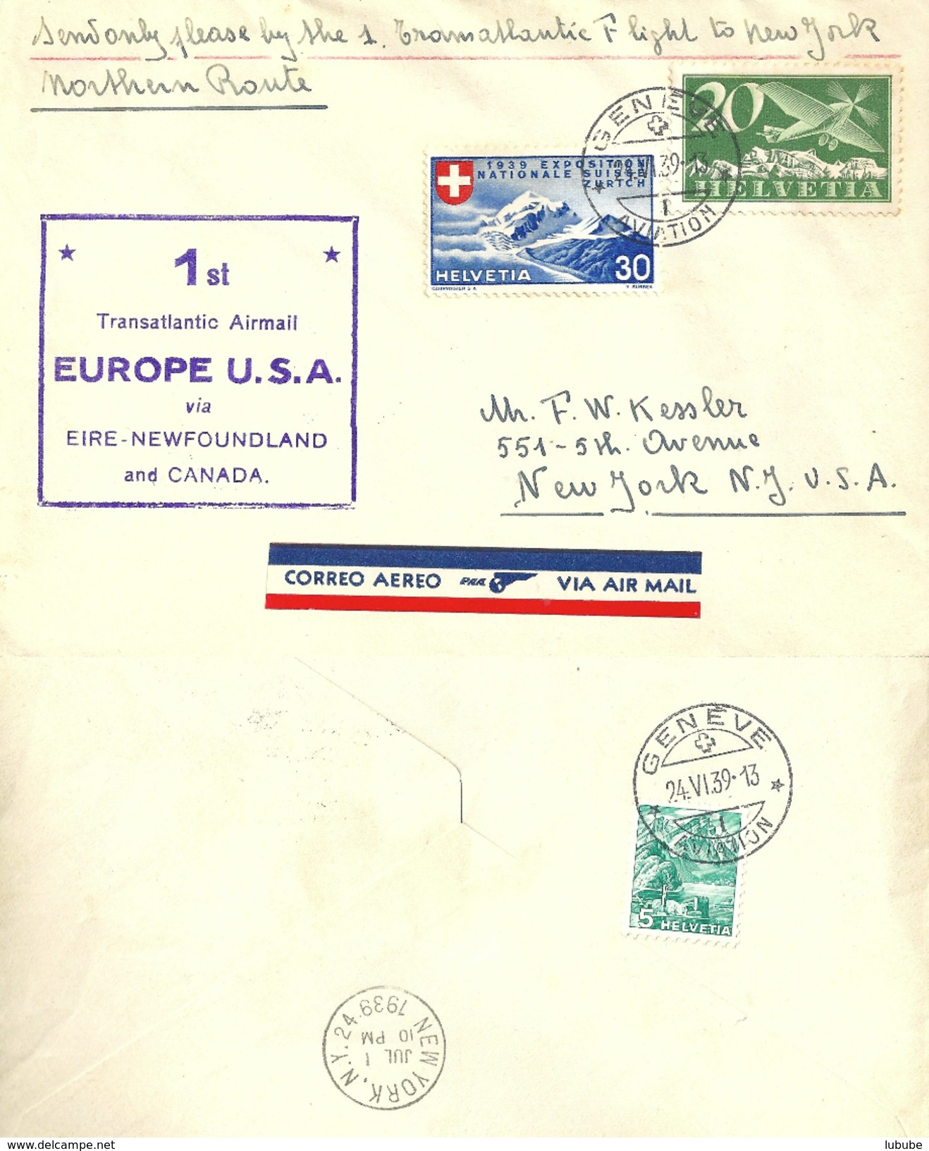 Luftpost Brief  "1st Transatlantic Airmail Europe USA Via Eire - Newfoundland - Canada"            1939 - Primi Voli
