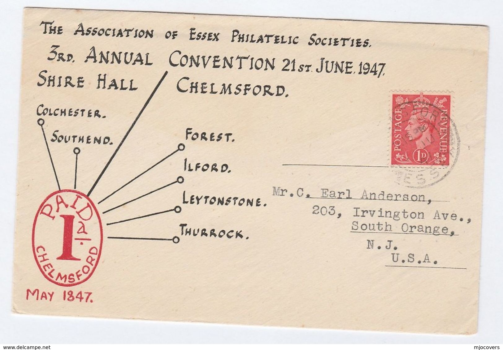 1947 CHELMSFORD Philatelic CONVENTION EVENT COVER  Stamps Philatelic Exhibition Gb - Philatelic Exhibitions