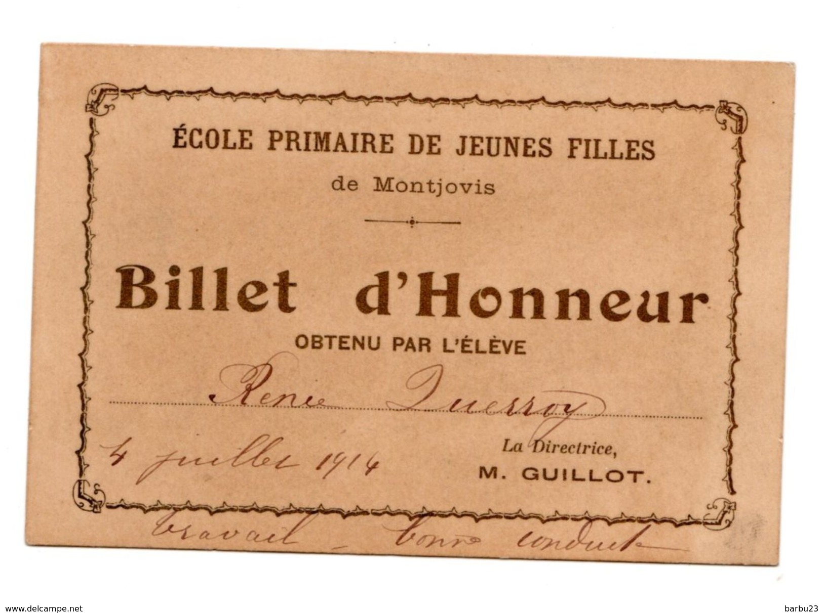 Billet D'honneur Ecole Primaire De Jeunes Filles De Montjovis (Limoges) 1914 - Diplômes & Bulletins Scolaires