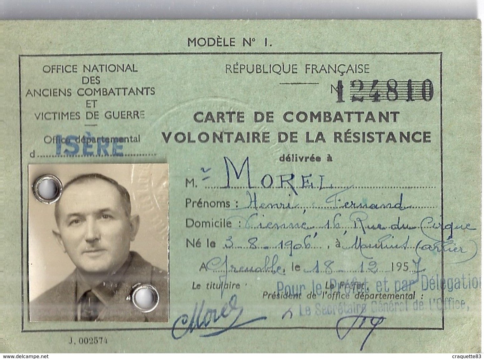 CARTE DE COMBATTANT VOLONTAIRE DE LA RESISTANCE N° 124810 -ISERE  RF   1957 - Autres & Non Classés