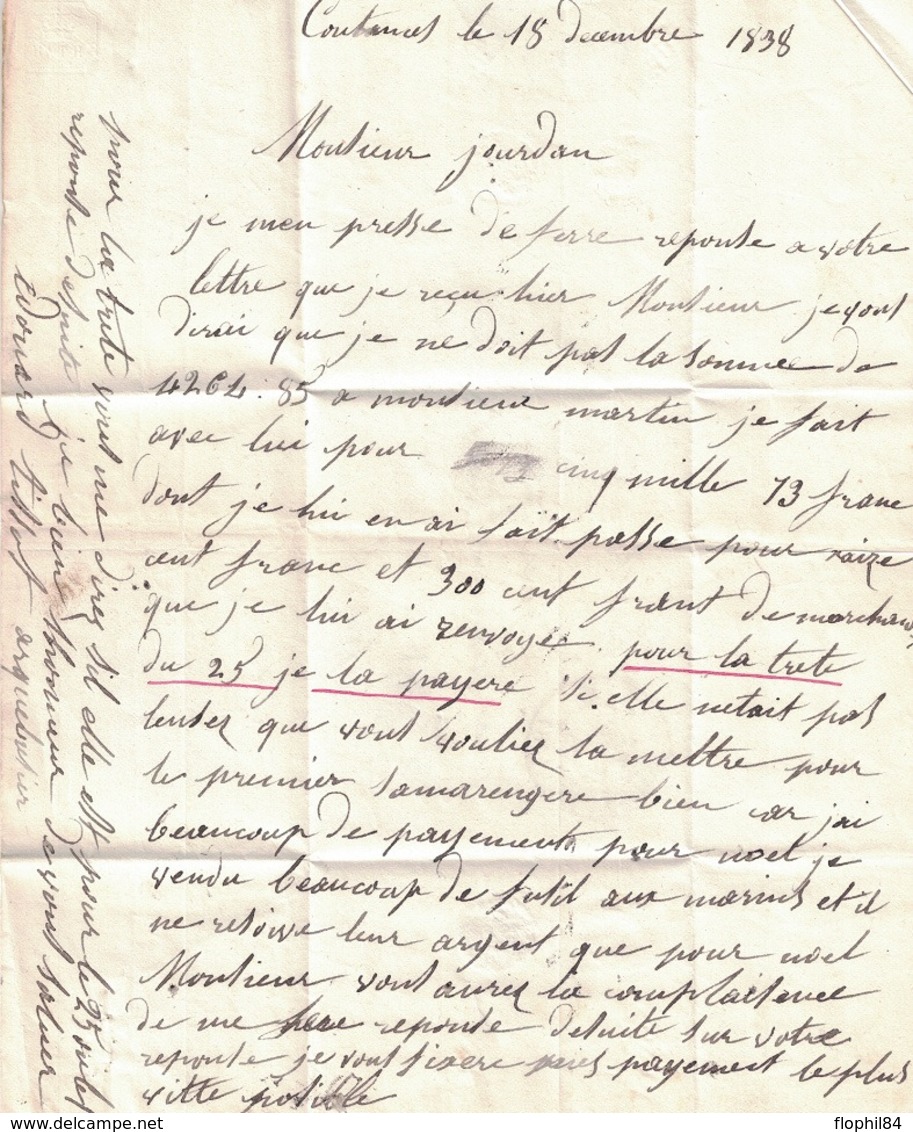 MANCHE - COUTANCES - T12 - DU 18 DECEMBRE 1838 - TEXTE  AVEC SIGNATURE EDOUARD TISSOT ARQUEBUSIER ( P1) - 1801-1848: Précurseurs XIX