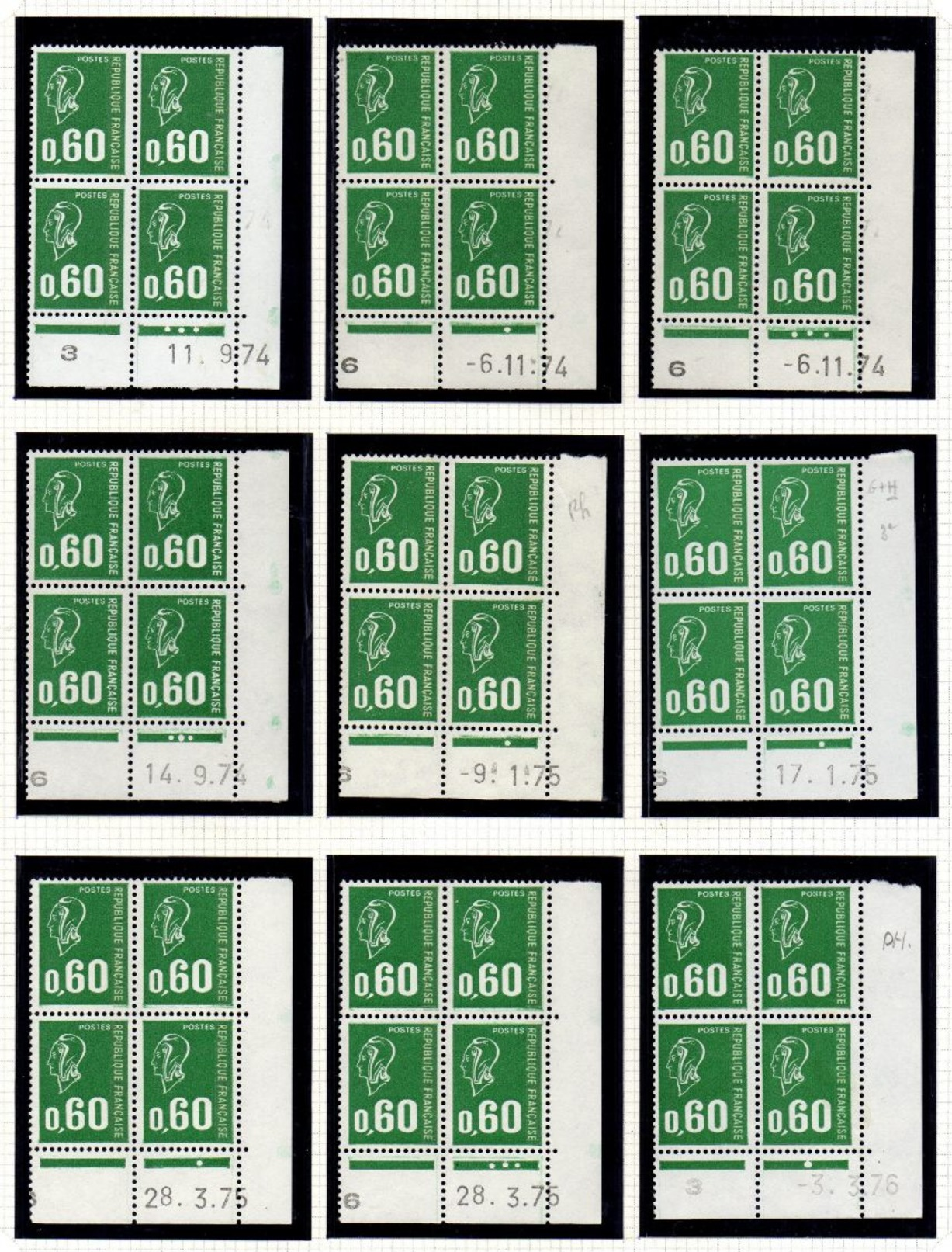 L016	N°1807 - 0,60 Vert Marianne De BEQUET Avec Et Sans Phospho - Lot De 10 Coins Datés ** - 1970-1979