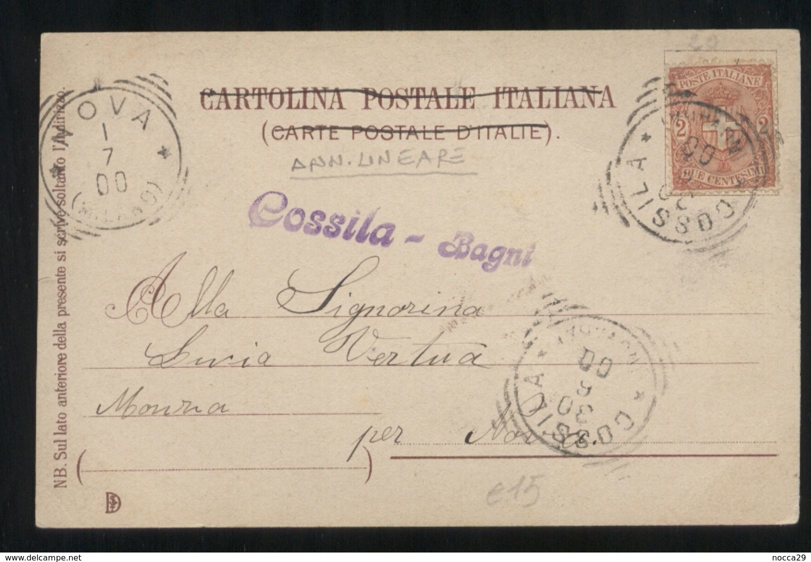 VALLONE DI COSSILA E MUCRONE - BIELLA - 1900 -  RARO ANNULLO LINEARE COSSILA - BAGNI - Biella