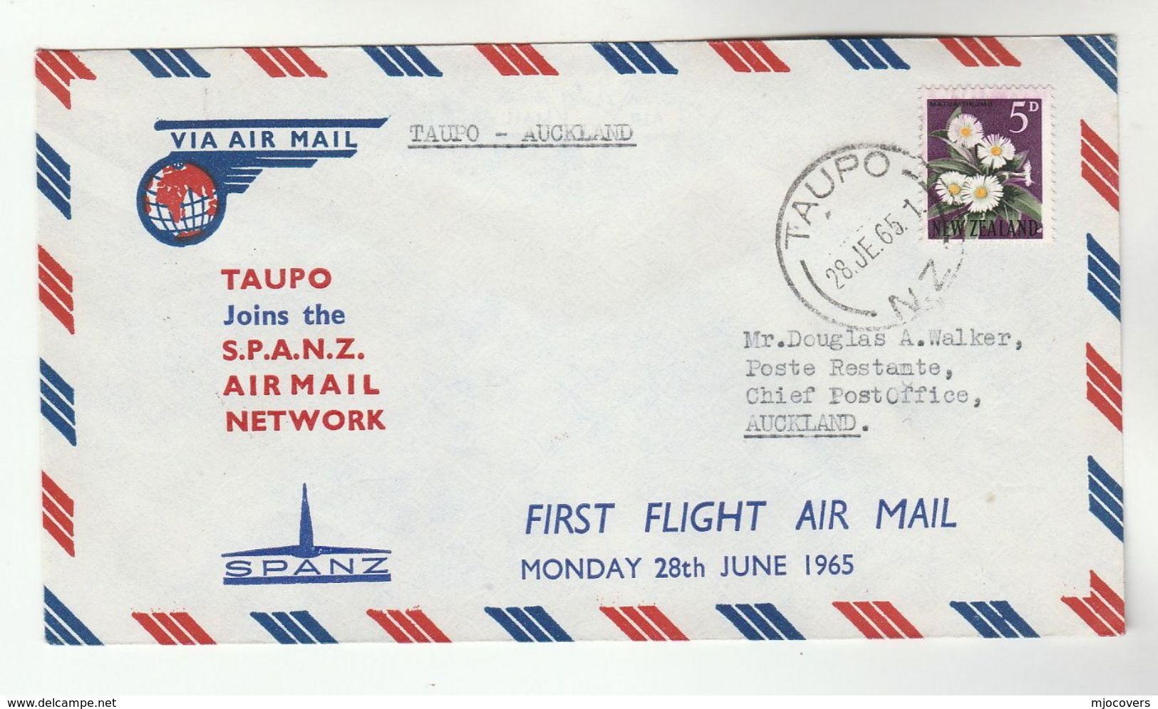 1965 New Zealand FIRST FLIGHT COVER TAUPO Via SPANZ  To Auckland  Aviation Stamps - Covers & Documents