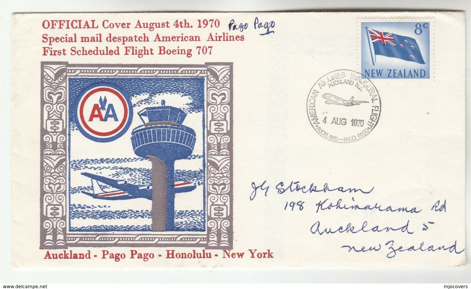 1970 New Zealand FIRST FLIGHT COVER Auckland To PAGO PAGO SAMOA Via AMERICAN AIRLINES  BOEING 707 Aviation Stamps - Covers & Documents