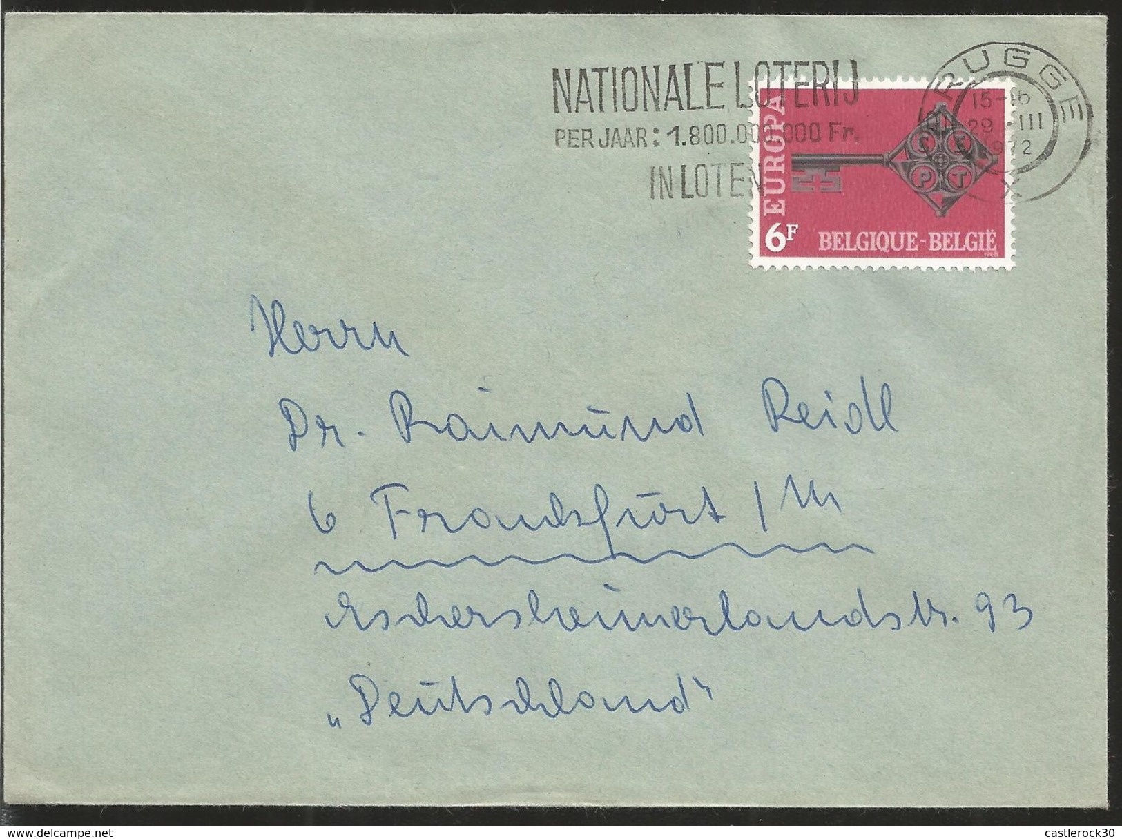 J) 1972 BELGIUM, EUROPA CEPT, CROSSBAR KEY WITH CEPT EMBLEM, NATIONAL LOTTERY, CIRCULATED COVER, FROM BELGIUM TO GERMANY - Covers & Documents