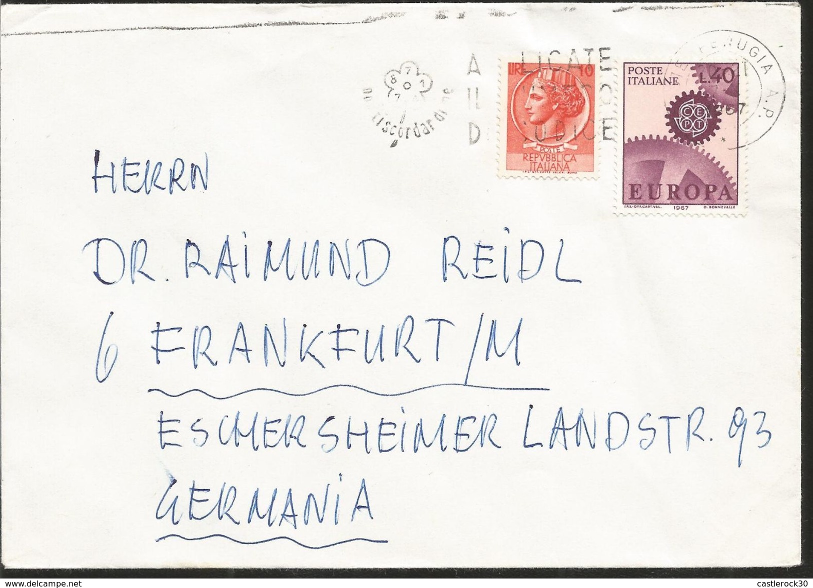 J) 1967 ITALY, EUROPA CEPT, SYRACUSE COIN, GEAR, CIRCULATED COVER, FROM ITALY TO GERMANY - Unclassified