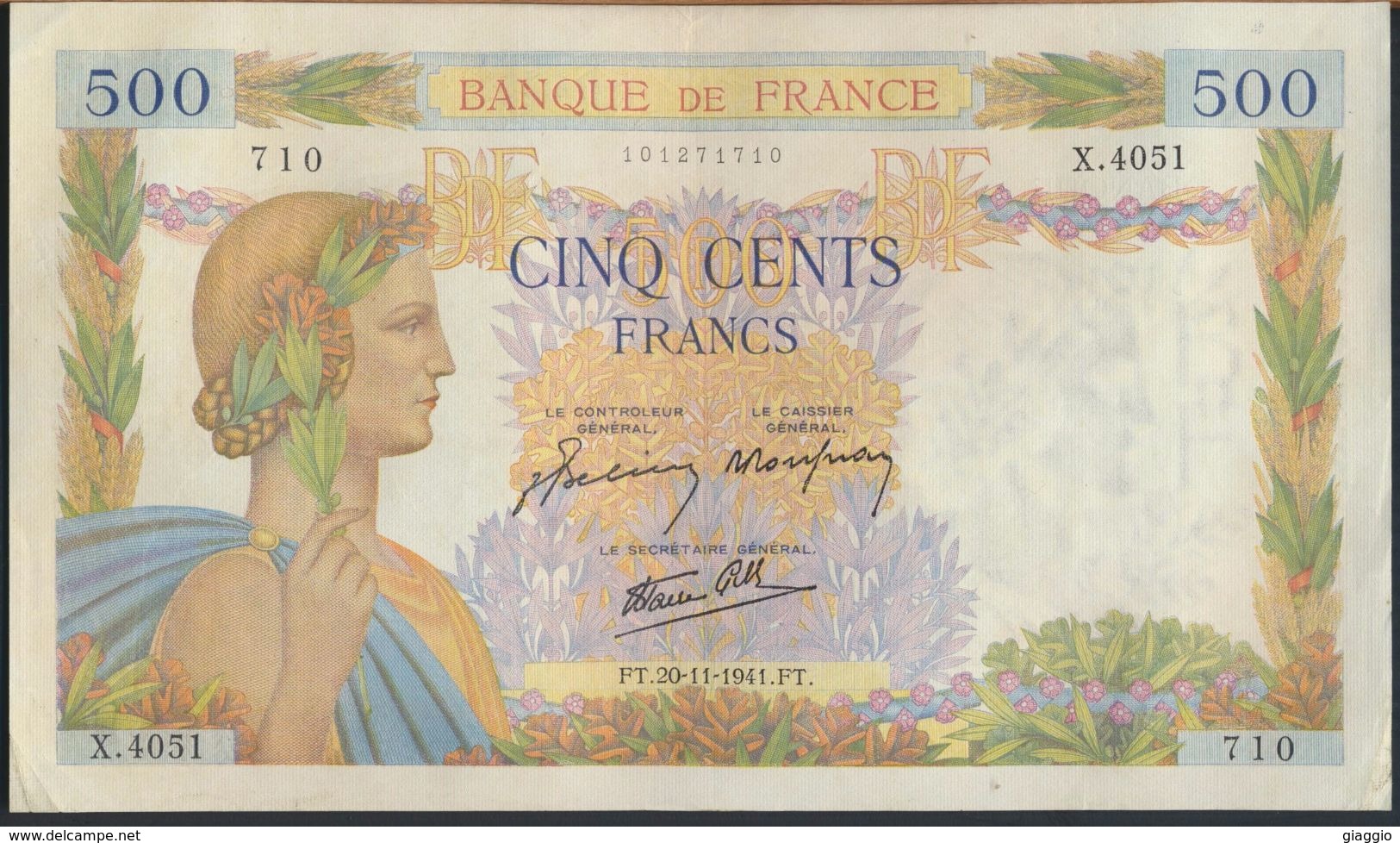 °°° FRANCE - 500 FRANCS 20/11/1941 °°° - 500 F 1940-1944 ''La Paix''