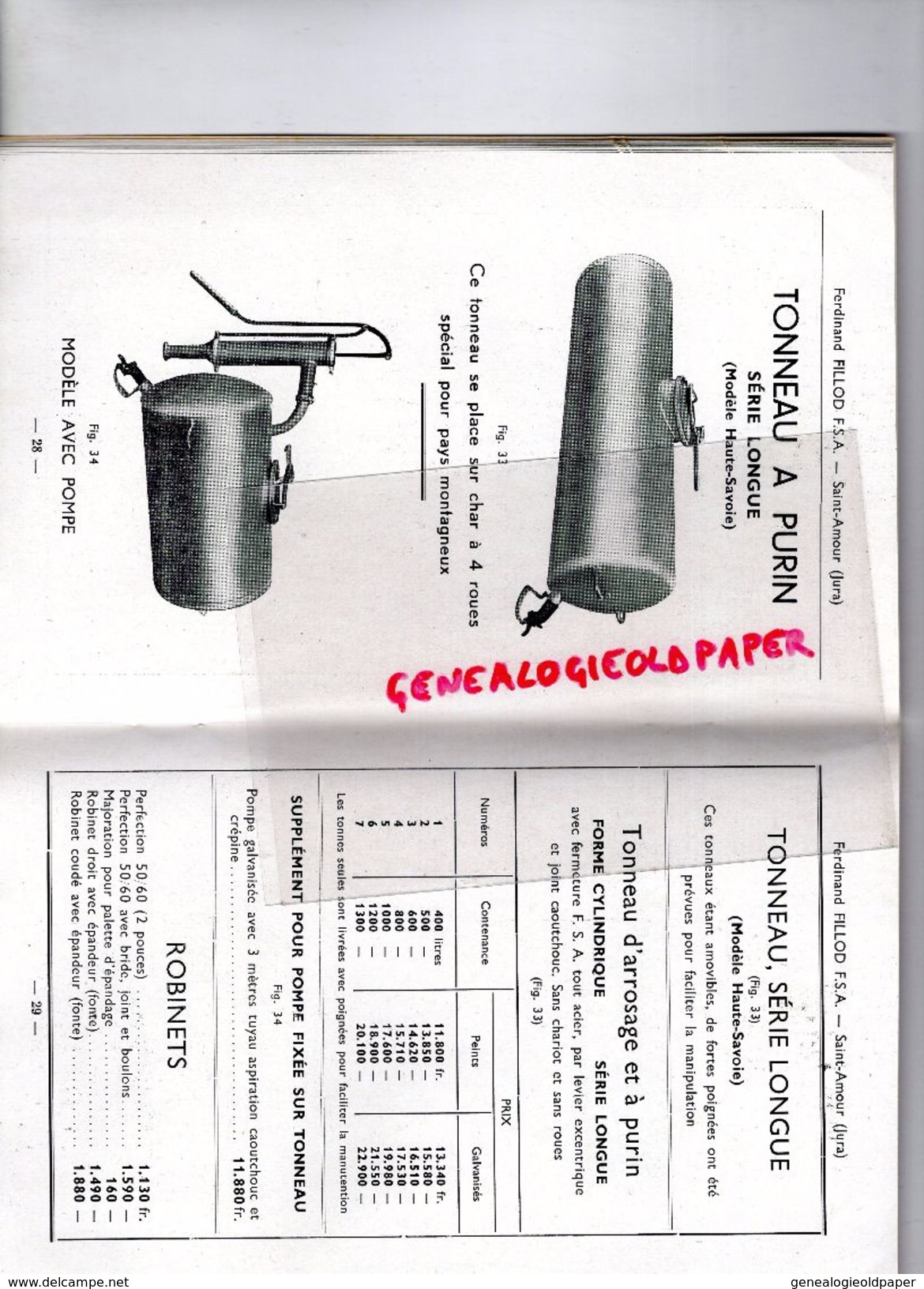39-ST  SAINT AMOUR-RARE BEAU CATALOGUE TARIFS FERDINAND FILLOD- USINE GRAND SAINT MICHEL-MANUFACTURE TOLERIE-MAI 1949