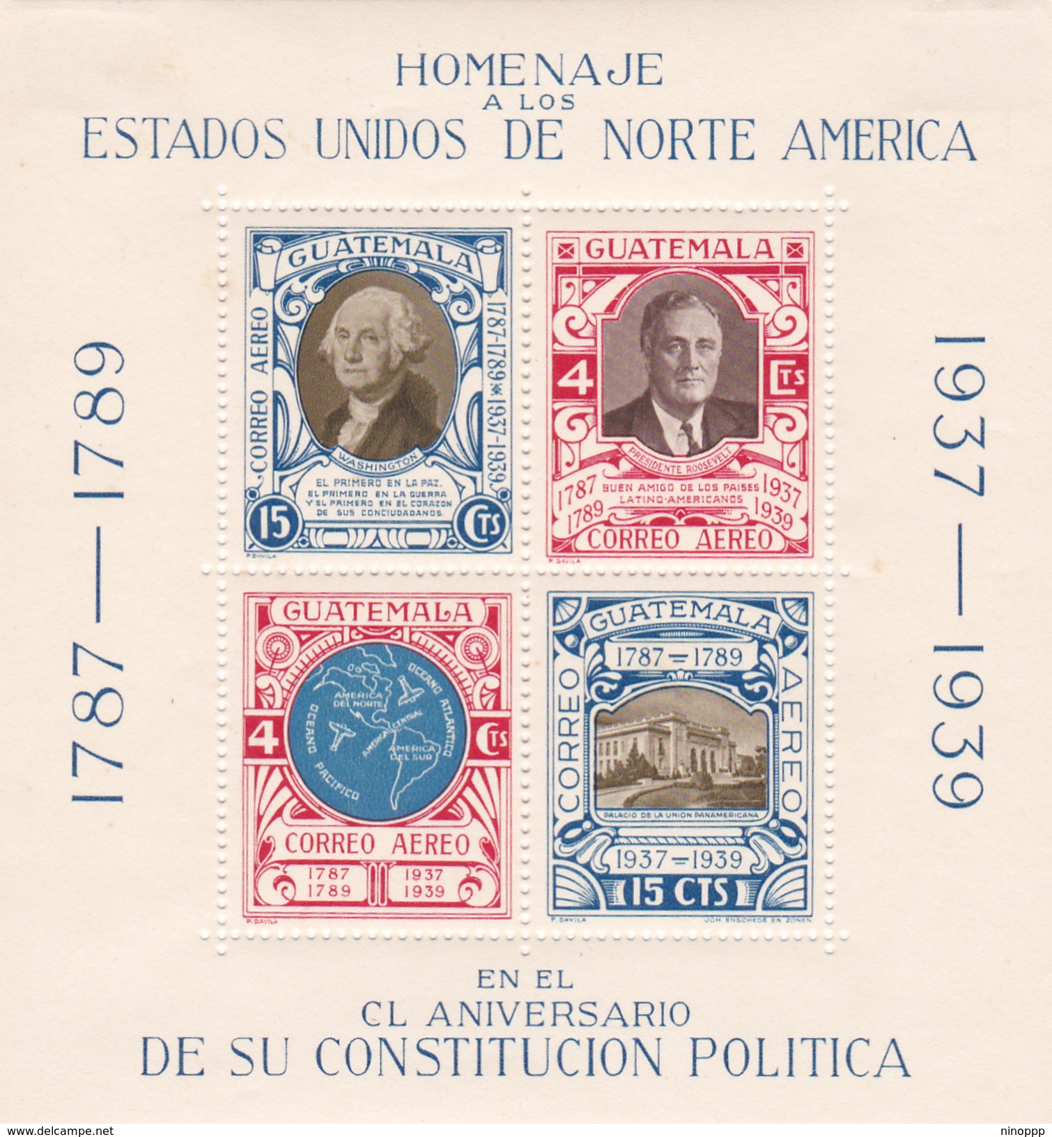 Guatemala 1938 150th Anniversary Of US Constitution Souvenir Sheet, Mint Hinged - Guatemala