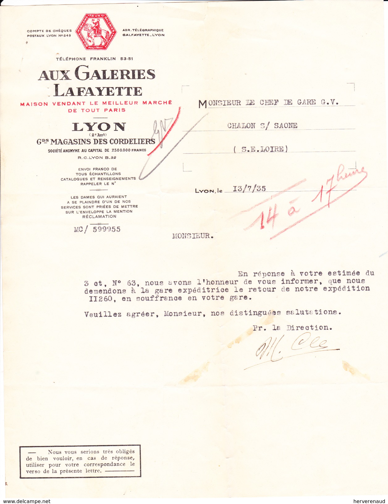 Paix 283 Sur Lettre "Galeries Lafayette" à Lyon, Pour Chalon-sur-Saône (1935) - Covers & Documents