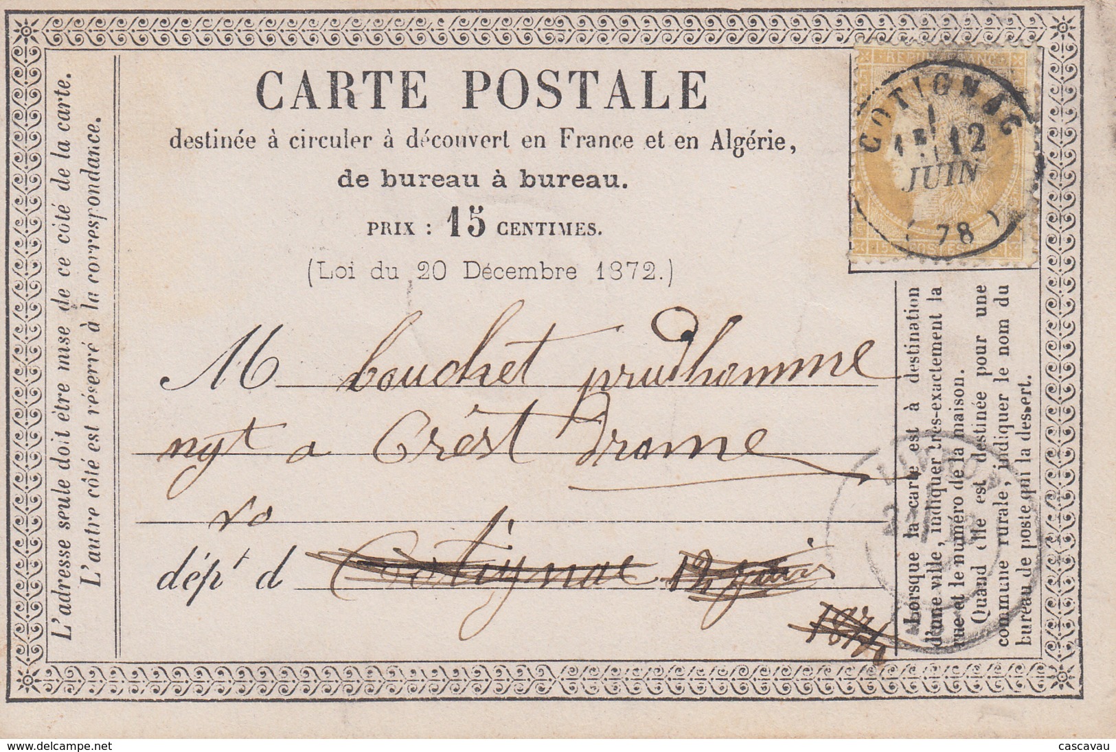 Carte  Postale  Précurseur  Oblitération  COTIGNAC ( Var)   1874 - Cartes Précurseurs