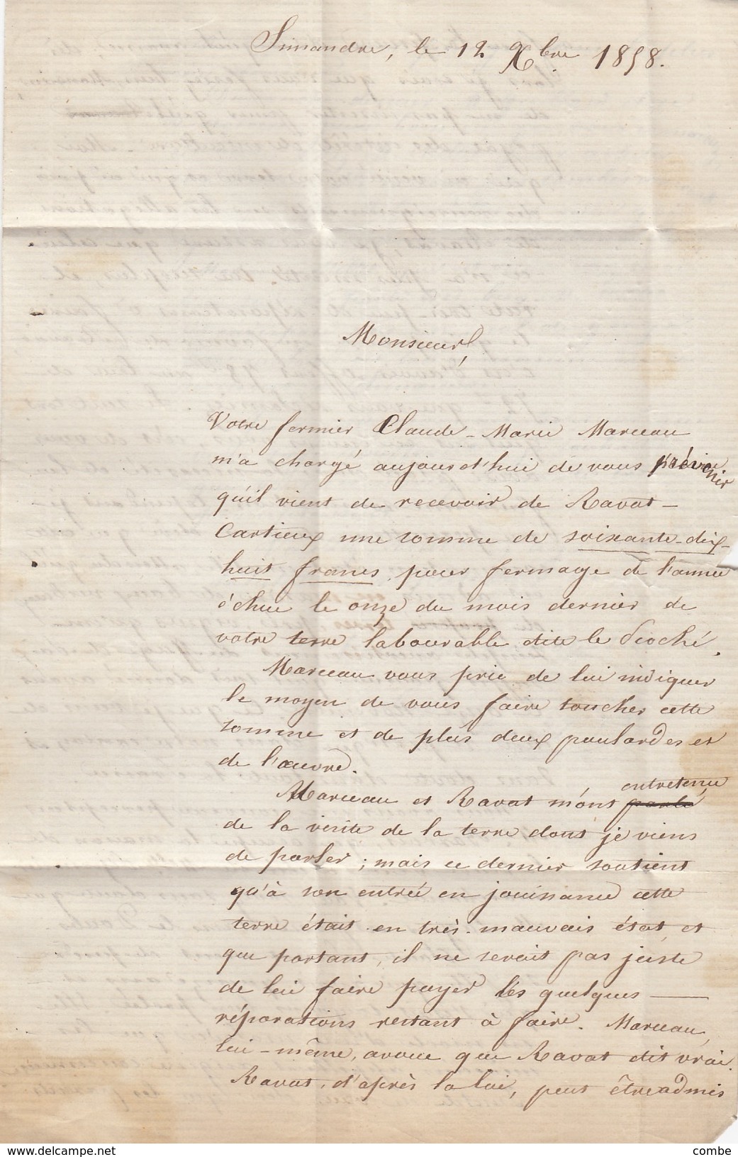 LETTRE 1858 N° 14 PC 1058 CUISERY SAONE ET LOIRE POUR COUZANSE JURA  BOITE RURALE  C =  SIMANDRE - 1849-1876: Période Classique