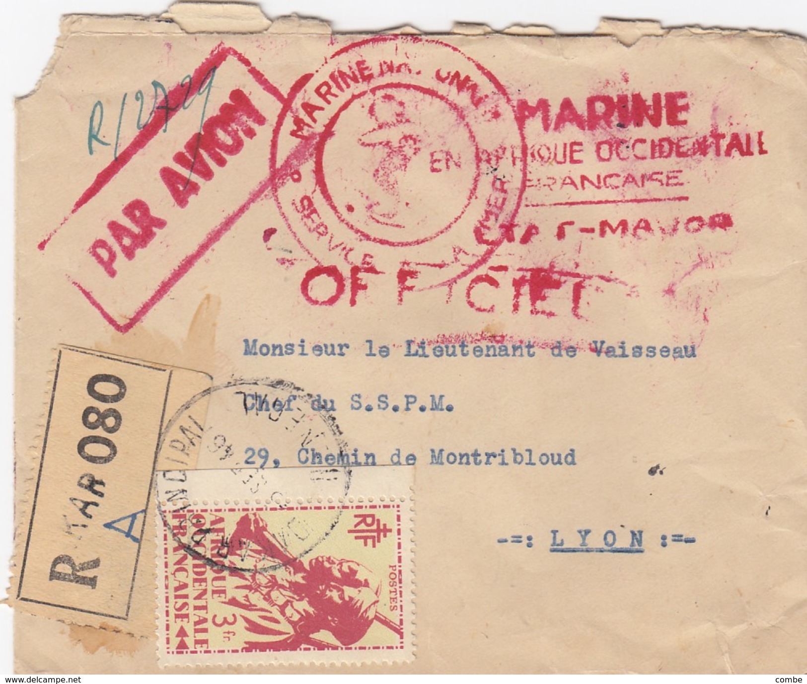 LETTRE 3.9.46  RECOMMANDE DAKAR. MARINE EN AFRIQUE OCCIDENTALE FRANCAISE EM. MARINE NATIONALE.  POUR SSPM LYON 4 CACHETS - Posta Marittima