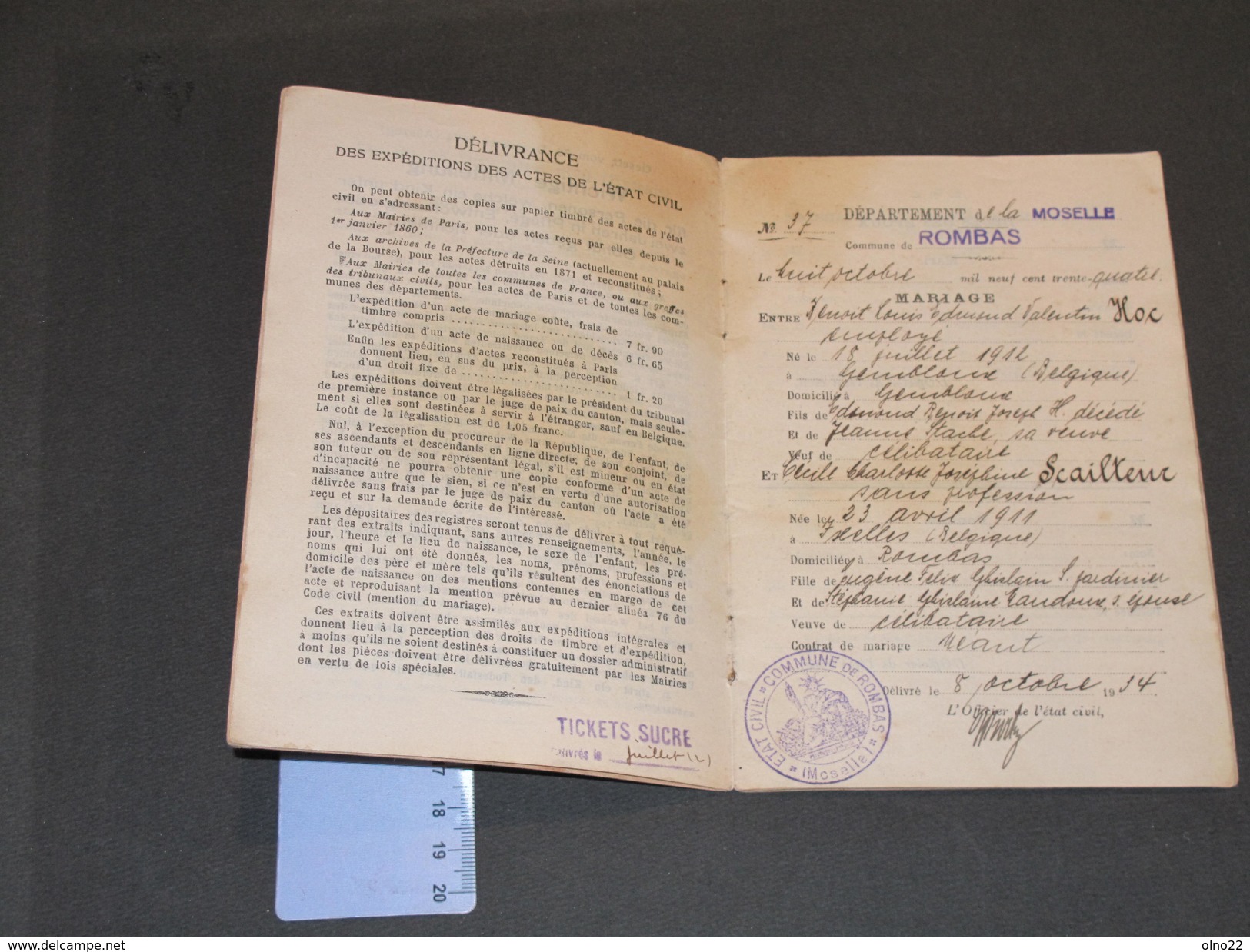 FRANCE-MOSELLE-ROMBAS- LIVRET DE FAMILLE/FAMILIENBUCH-8/10/34-EPOUX HOC Benoit Et SCAILTEUR Cecile - Documents Historiques