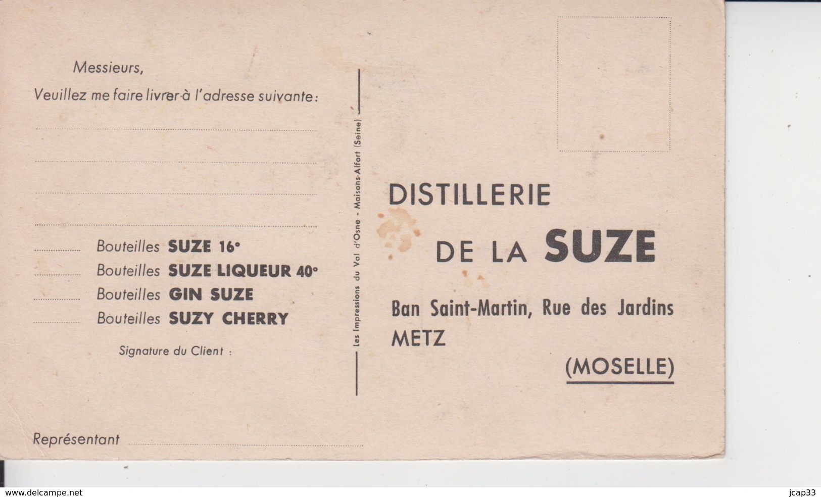 DISTILLERIE DE LA SUZE  -  METZ Rue Des Jardins  - - Advertising