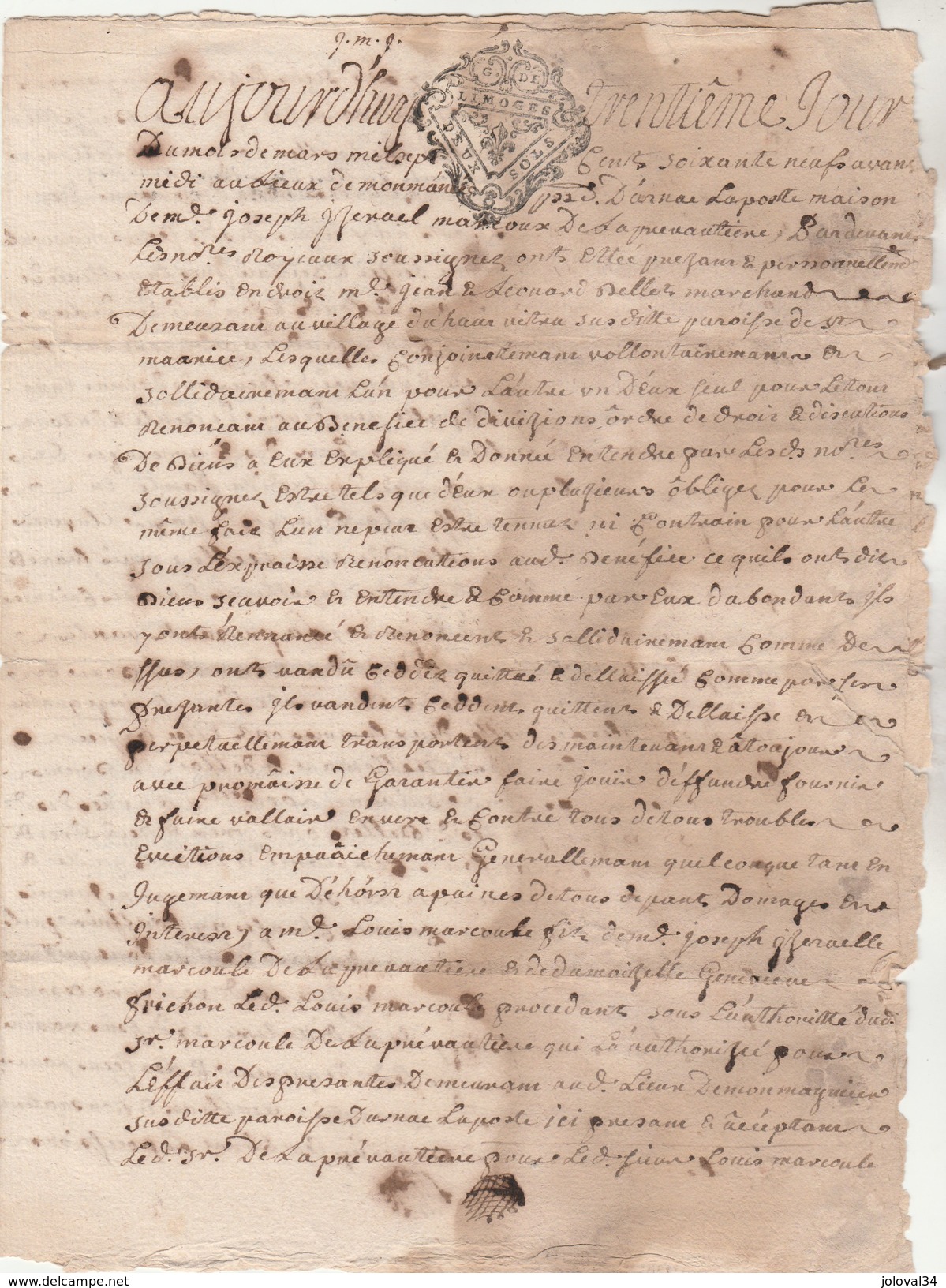 Manuscrit 3 Pages Cachet Généralité LIMOGES Deux Sols 30/3/1759 Arnac La Poste Haute Vienne - Seals Of Generality