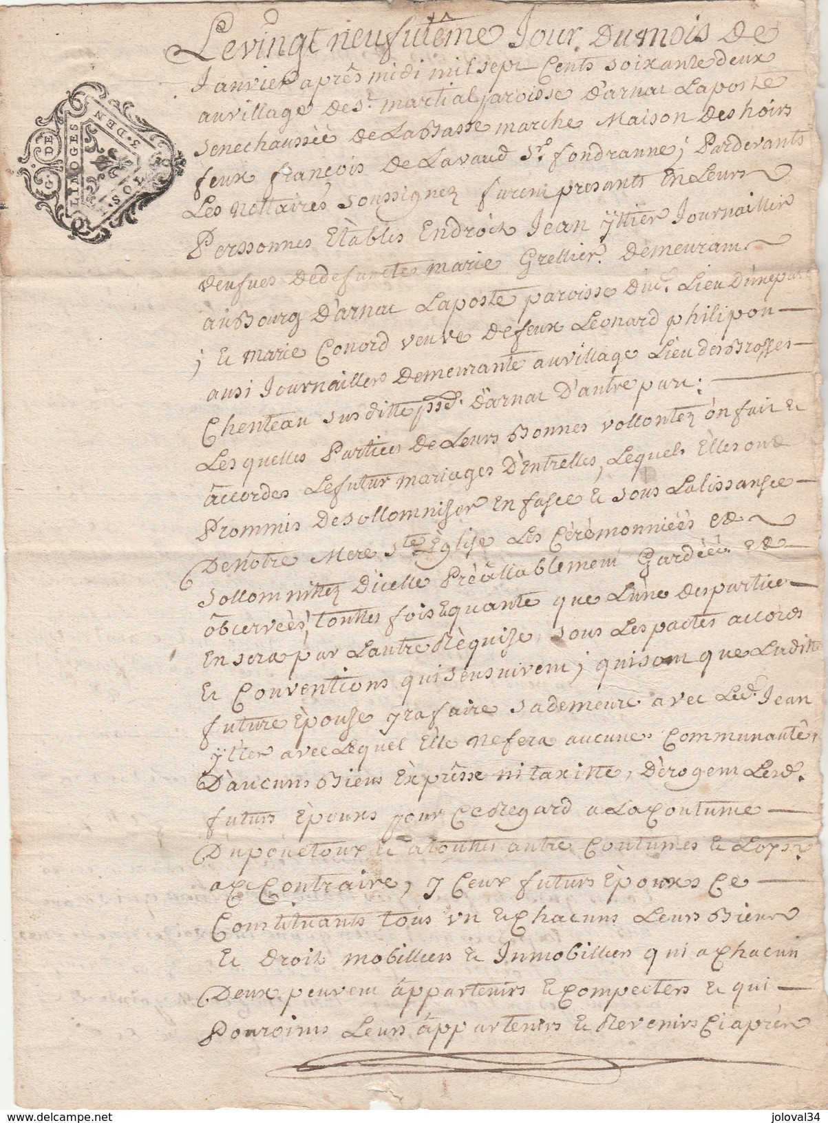 Manuscrit 4 Pages Cachet Généralité LIMOGES 1 Sol 3 Deniers 29/1/1762 Haute Vienne Grosse De Mariage - Cachets Généralité