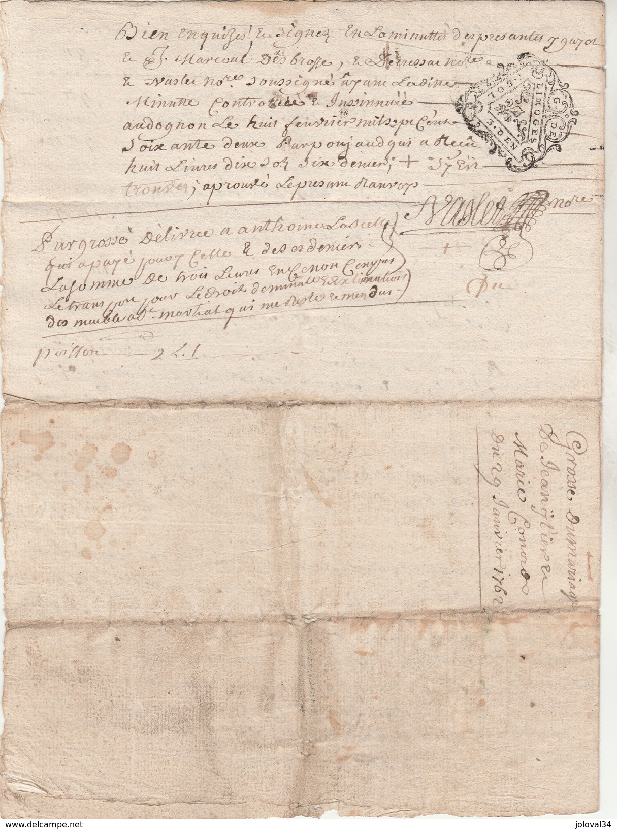 Manuscrit 4 Pages Cachet Généralité LIMOGES 1 Sol 3 Deniers 29/1/1762 Haute Vienne Grosse De Mariage - Cachets Généralité