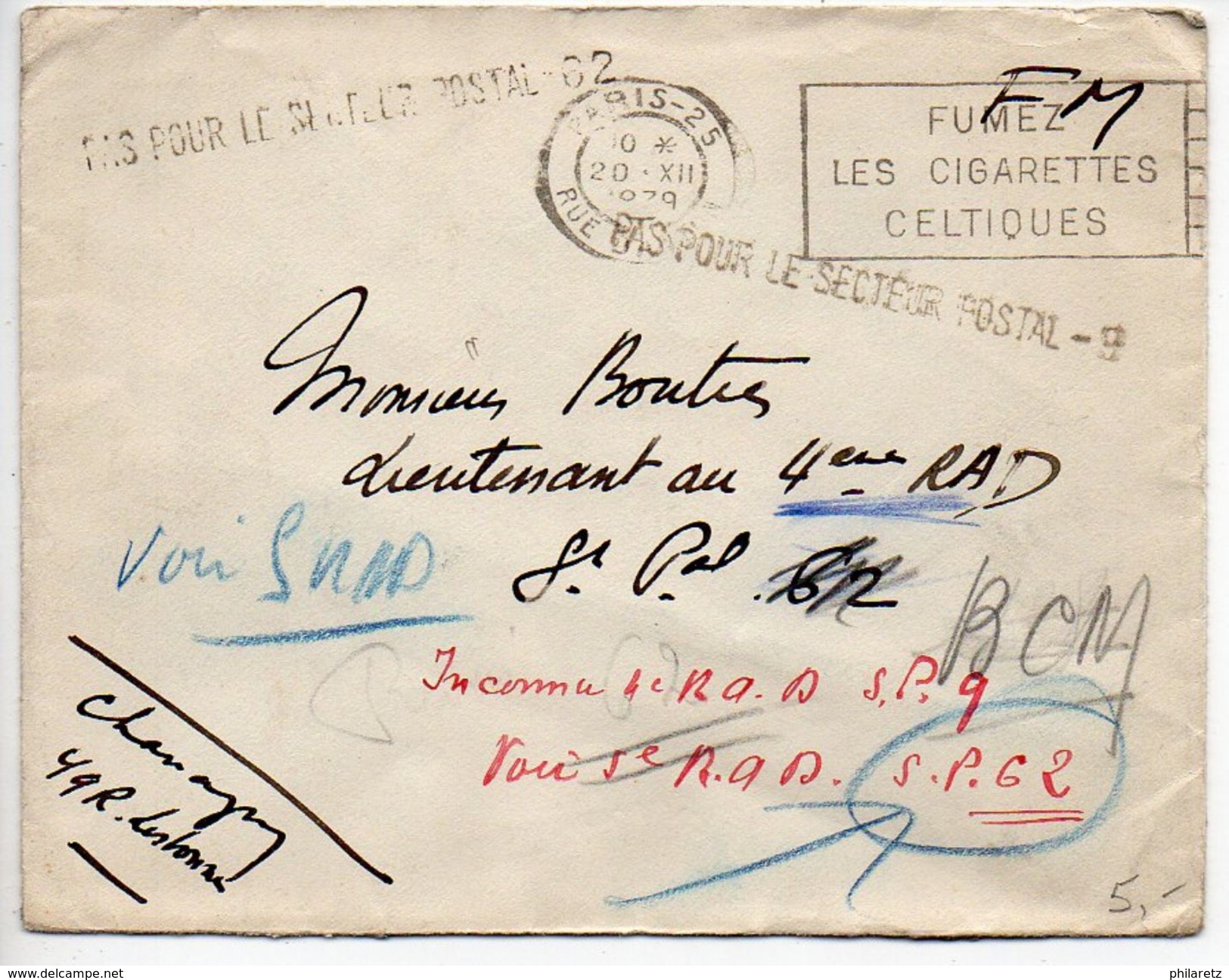 Lettre En FM De 1939 - Griffe Linéaire 'Pas Pour Le Secteur Postal 62' Et 'Pas Pour Le Secteur Postal 9' - Guerre De 1939-45