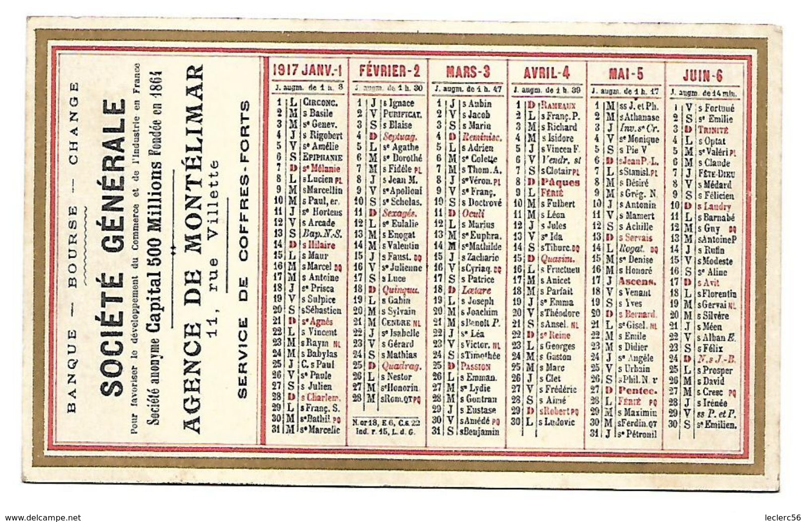 CALENDRIER DE POCHE 1917 SOCIETE GENERALE VAUCLUSE (Valréas Et Montélimar) 120 X 75 Mm - Petit Format : 1901-20