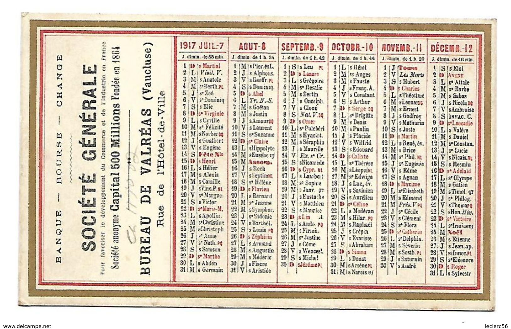 CALENDRIER DE POCHE 1917 SOCIETE GENERALE VAUCLUSE (Valréas Et Montélimar) 120 X 75 Mm - Petit Format : 1901-20