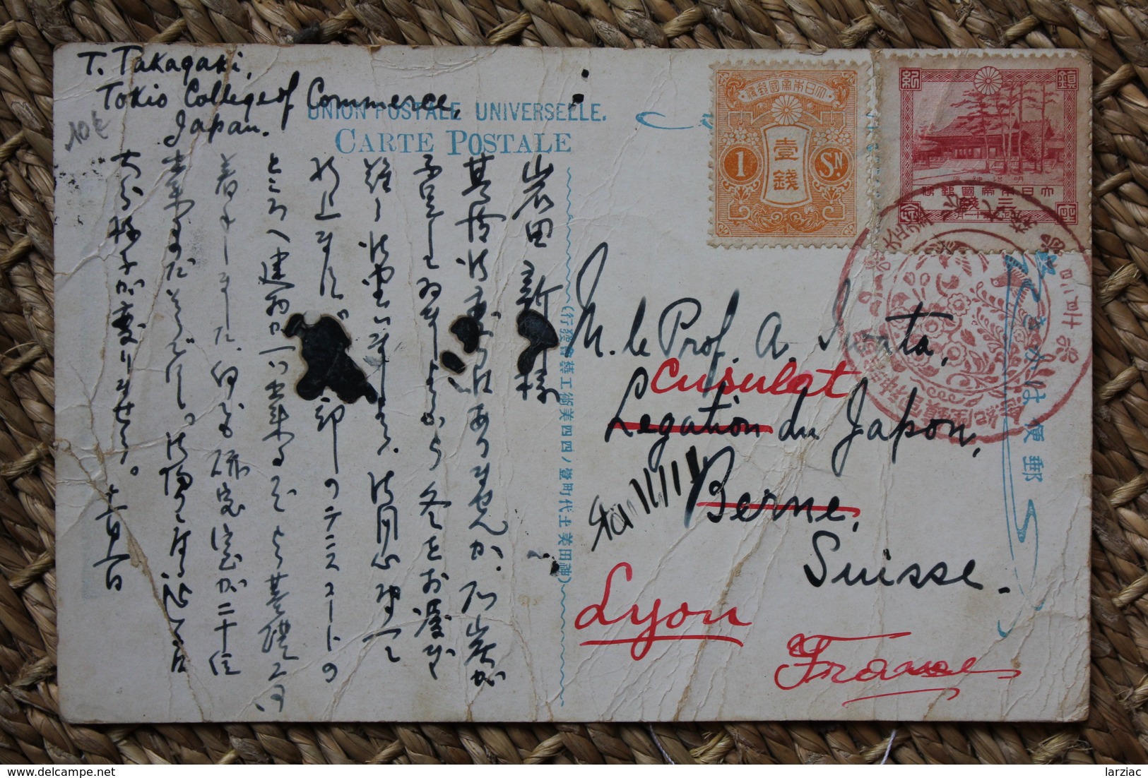 Carte Postale Ancienne Affranchie Pour Berne Oblitération Grand Cachet Rouge Japon - Covers & Documents