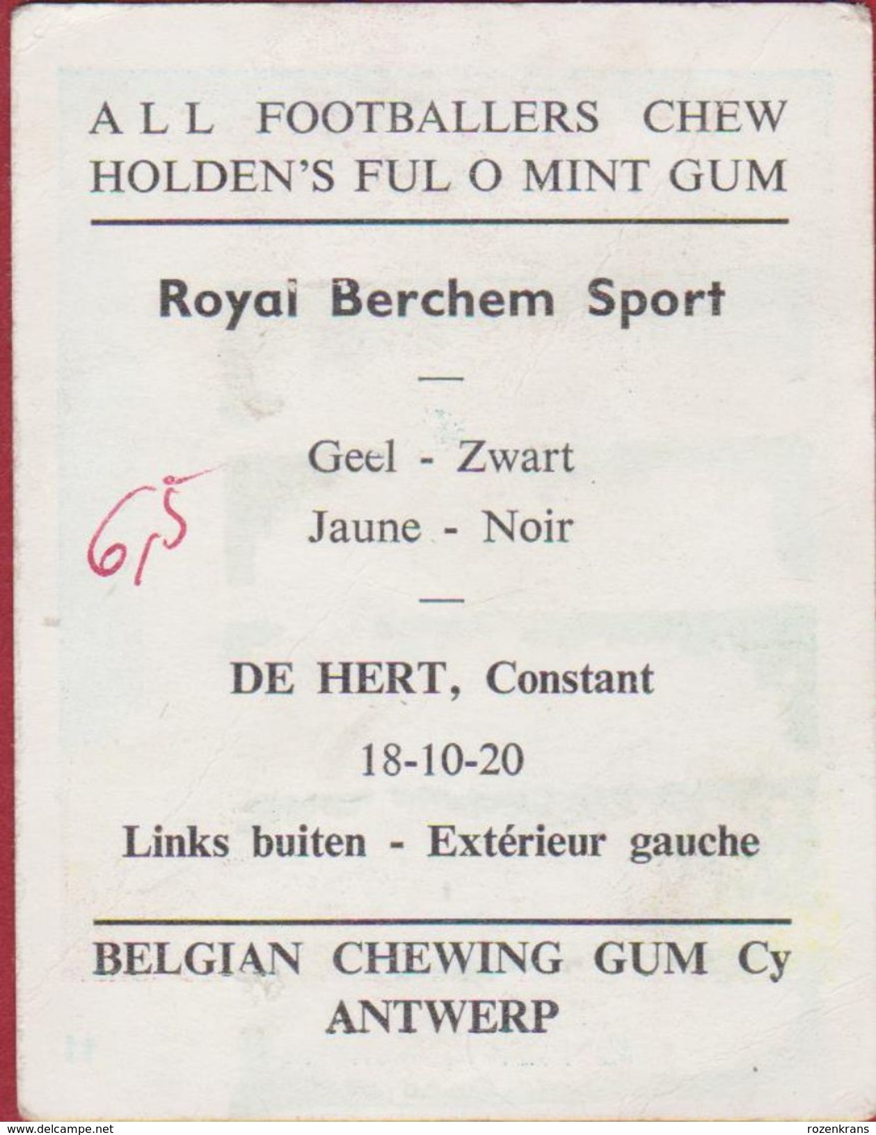 Chromo Constant De Hert Konininklijke Royal Berchem Sport Football  Voetbal Belgie Belgian Chewing Gum Cy Antwerp - Sport