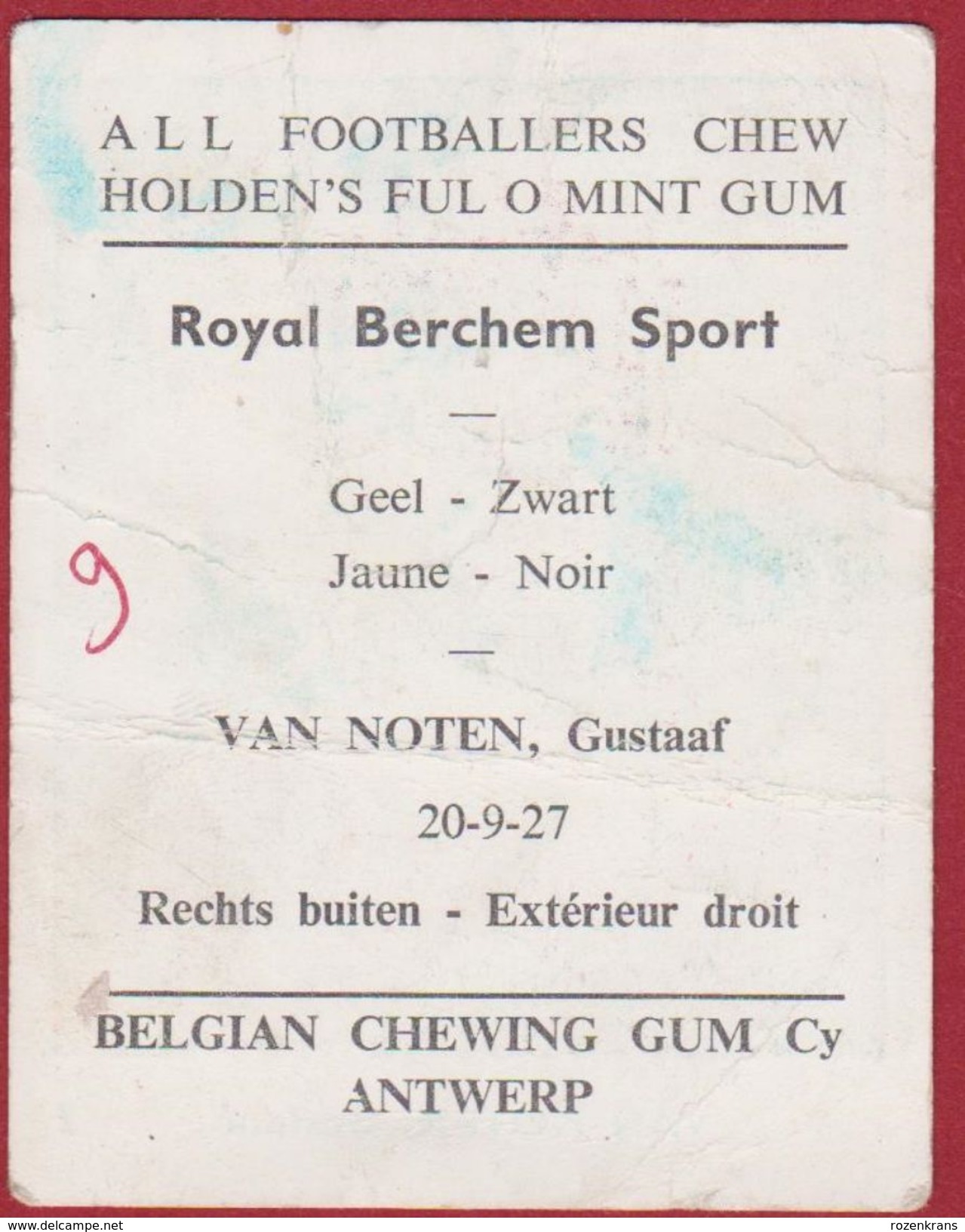 Chromo Gustaaf Van Noten Konininklijke Royal Berchem Sport Football  Voetbal Belgie Belgian Chewing Gum Cy Antwerp - Sports