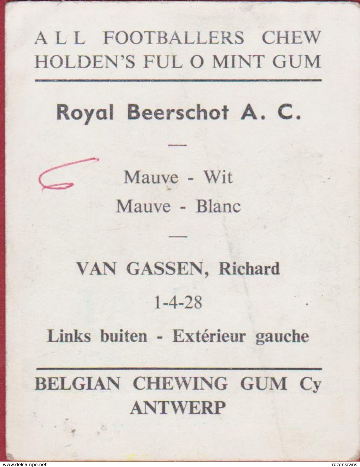 Chromo Richard Van Gassen Beerschot VAC Football  Voetbal Belgie Belgian Chewing Gum Cy Antwerp - Sport