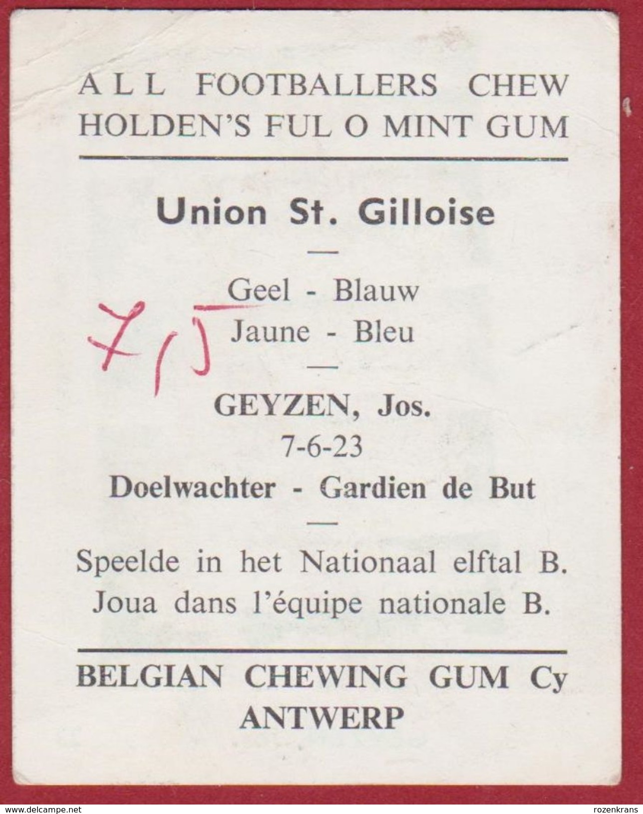 Oude Chromo Jos Geyzen Union St Saint Gilloise Gilles Football  Voetbal Belgie Belgian Chewing Gum Cy Antwerp - Sport