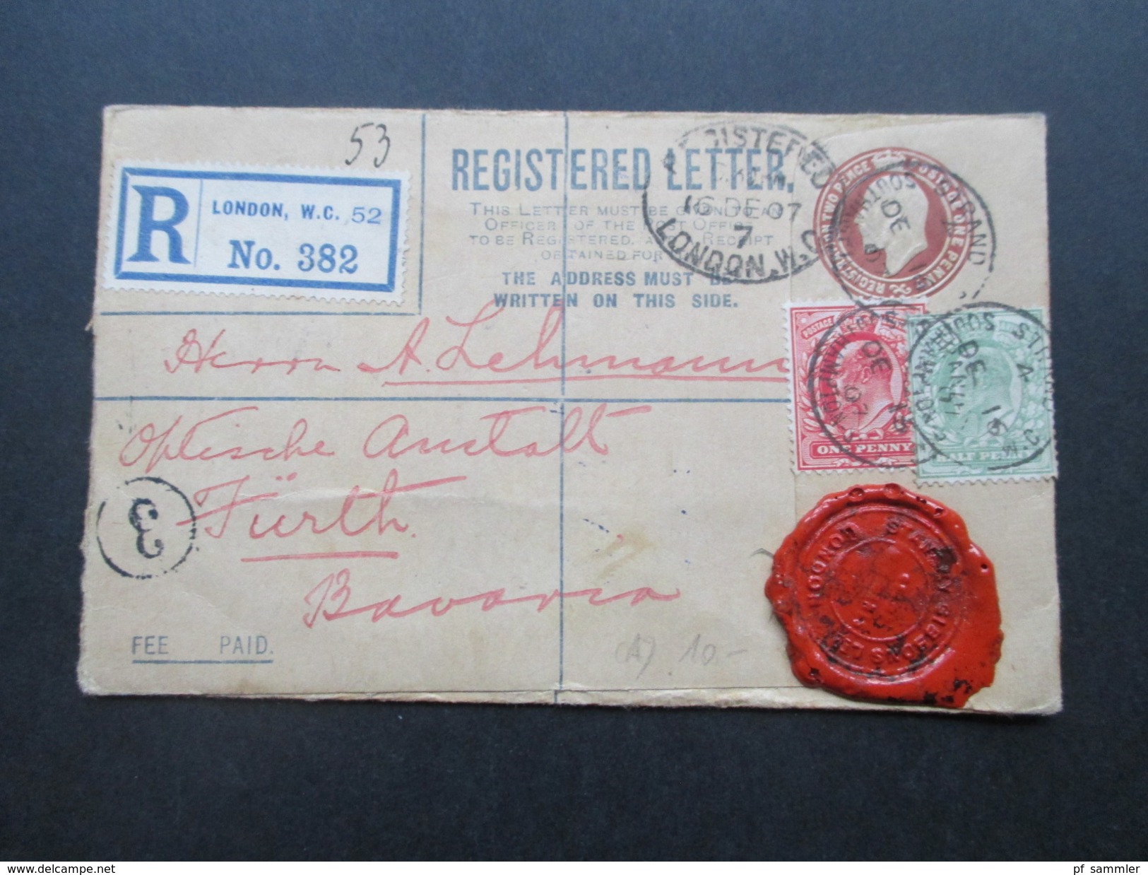 GB 1907 R-Brief Mit Siegel Stanley Gibbons. London W.C. 52 No. 382. Nach Fürth. Social Philately. Schiffspost - Briefe U. Dokumente