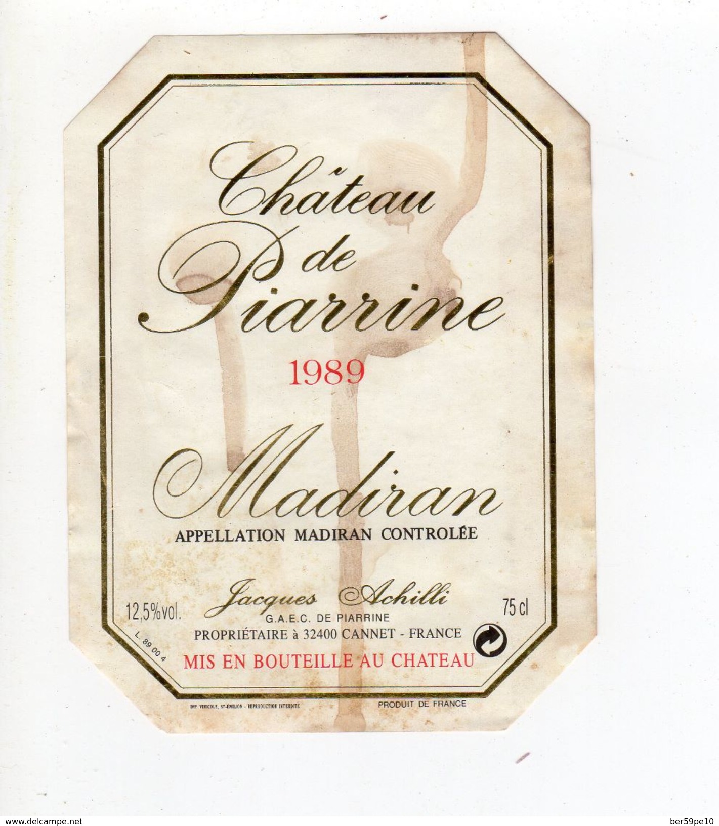 ETIQUETTE VIN CHATEAU DE PIARRINE 1989 MADIRAN - Madiran