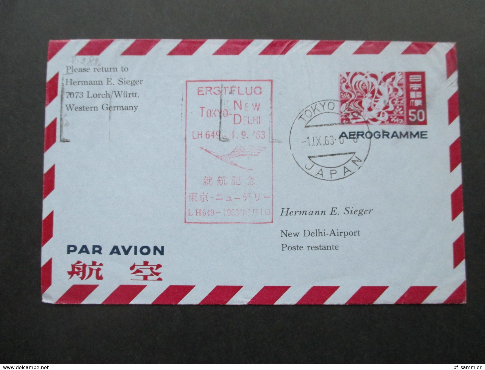 Japan 1963 Aerogramme / Luftpost. Erstflug Tokyo - New Delhi LH 649. Air Port Sorting New Delhi - Brieven En Documenten