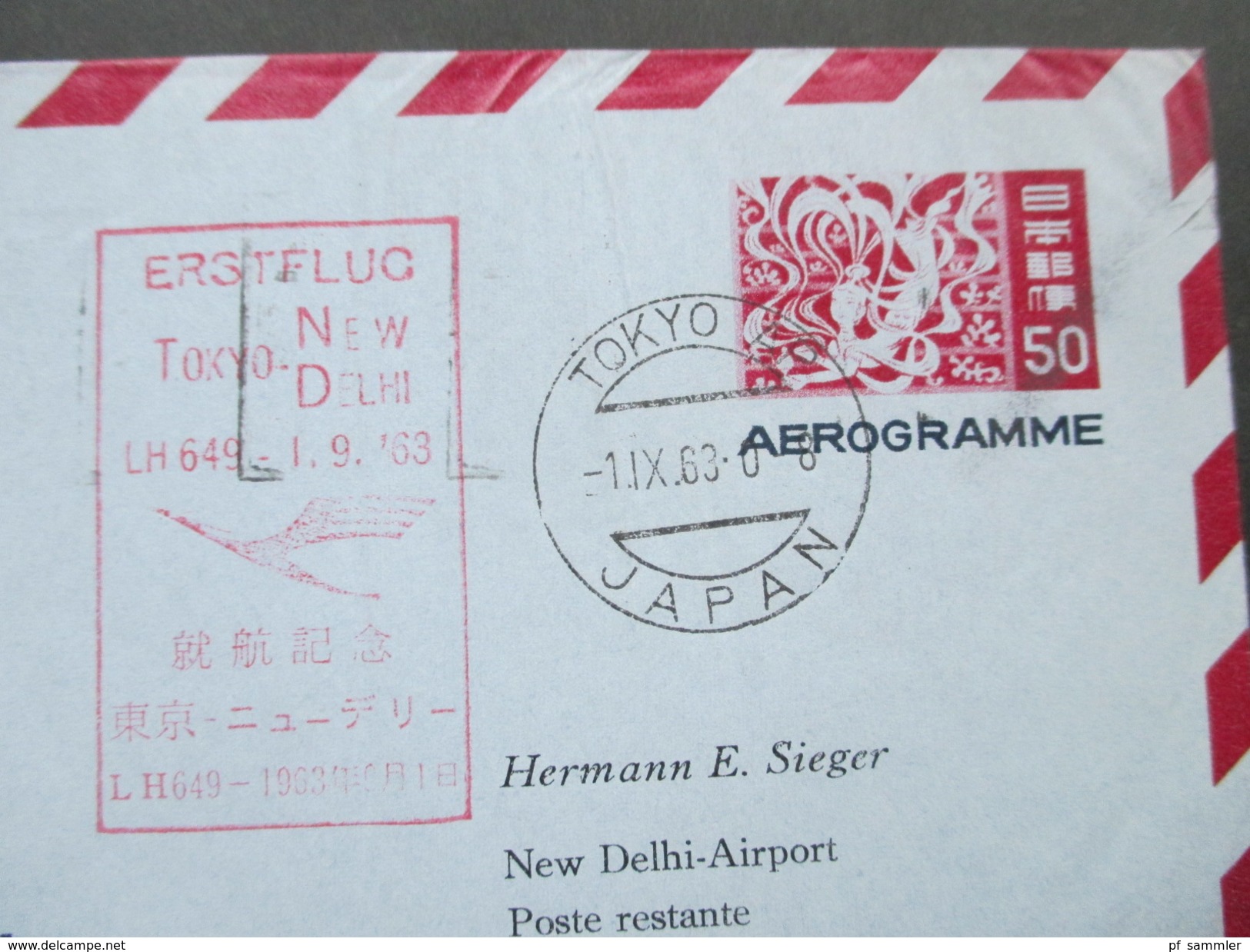 Japan 1963 Aerogramme / Luftpost. Erstflug Tokyo - New Delhi LH 649. Air Port Sorting New Delhi - Brieven En Documenten