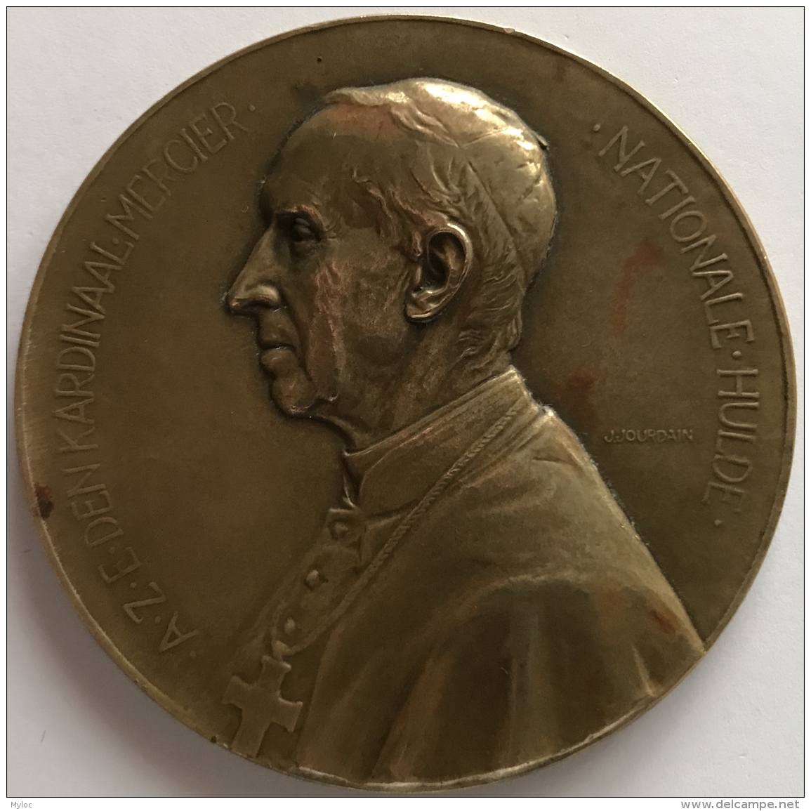 Médaille Bronze. Kardinaal Mercier. Nationale Hulde Vaderlandsliefde.  Jules Jourdain. 65mm - 84 Gr. - Professionnels / De Société