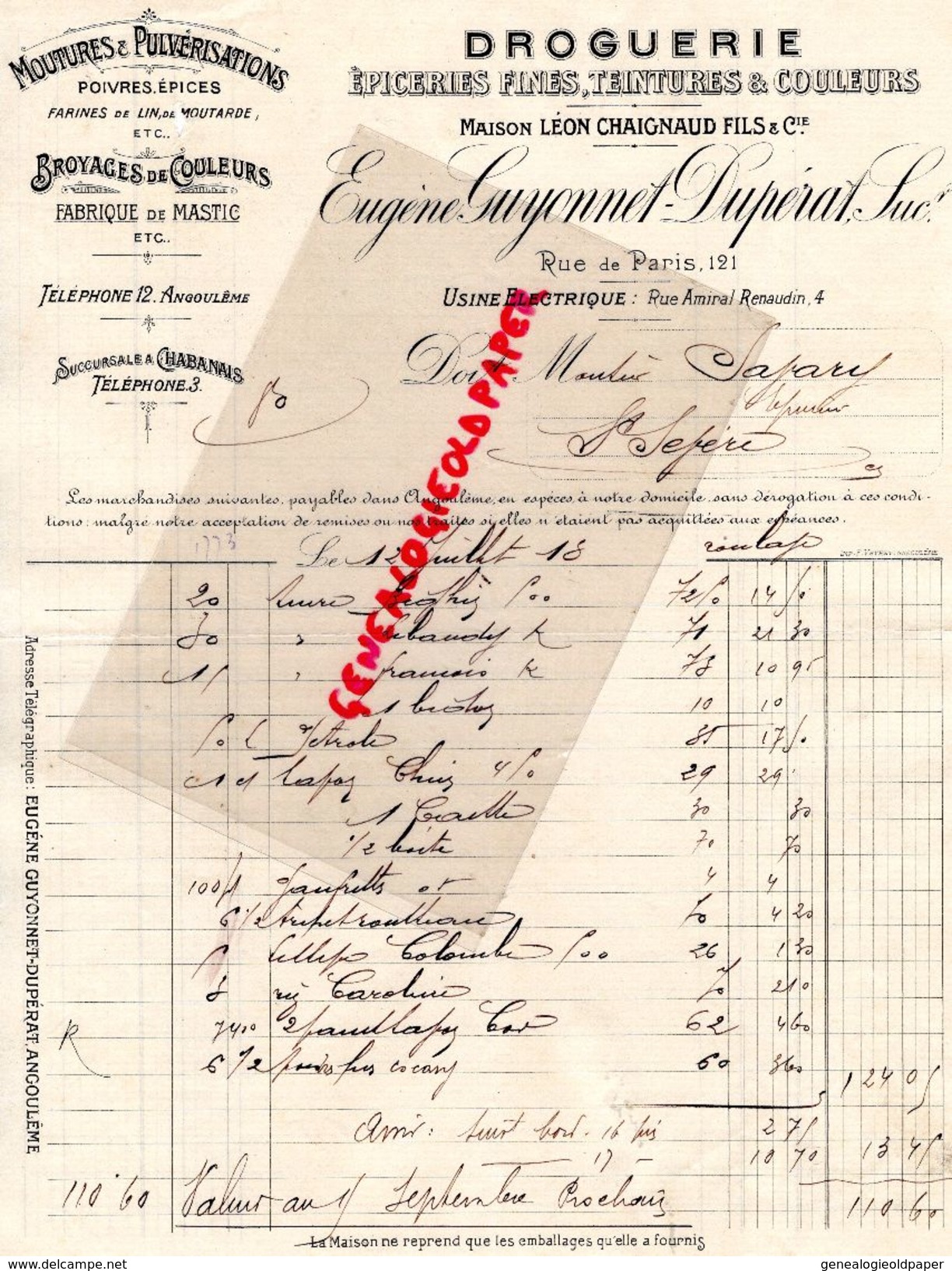 16-ANGOULEME- CHABANAIS-FACTURE EUGENE GUYONNET DUPERAT-LEON CHAIGNAUD-DROGUERIE EPICERIES-121 RUE DE PARIS-MASTIC-1918 - Chemist's (drugstore) & Perfumery