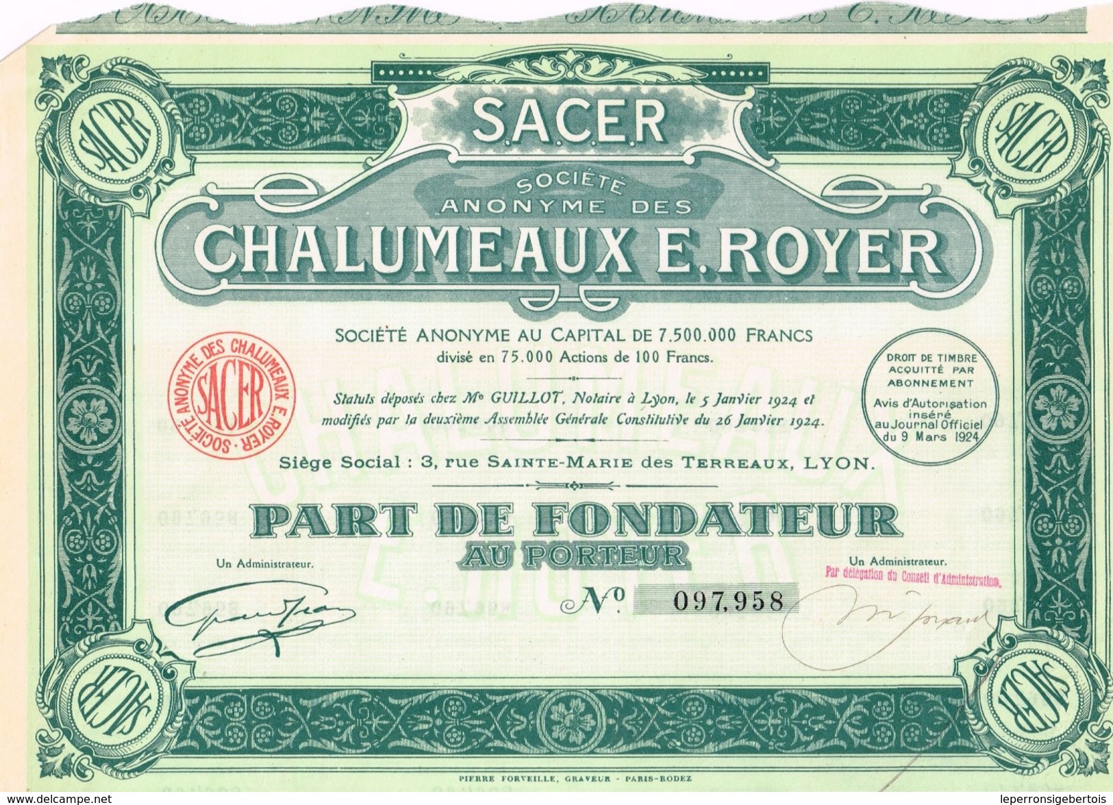 Action Ancienne - Société Anonyme Des Chalumeaux E. Royer - Titre De 1924 - - Industrie