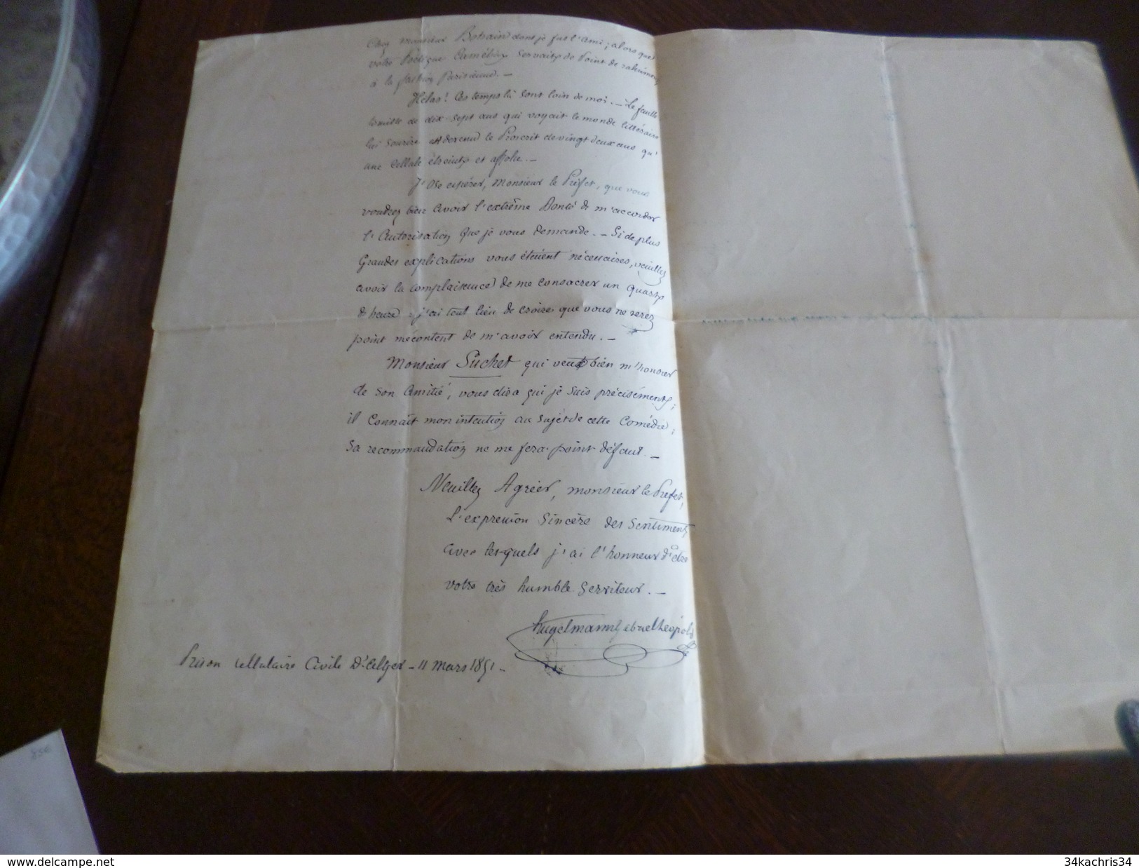 Alger 11/03/1851 LAS Autographe  Hugelman S'adresse Au Préfet Pour Permission D'éditer Sa Pièce écrite En Prison 23 X36 - Otros & Sin Clasificación
