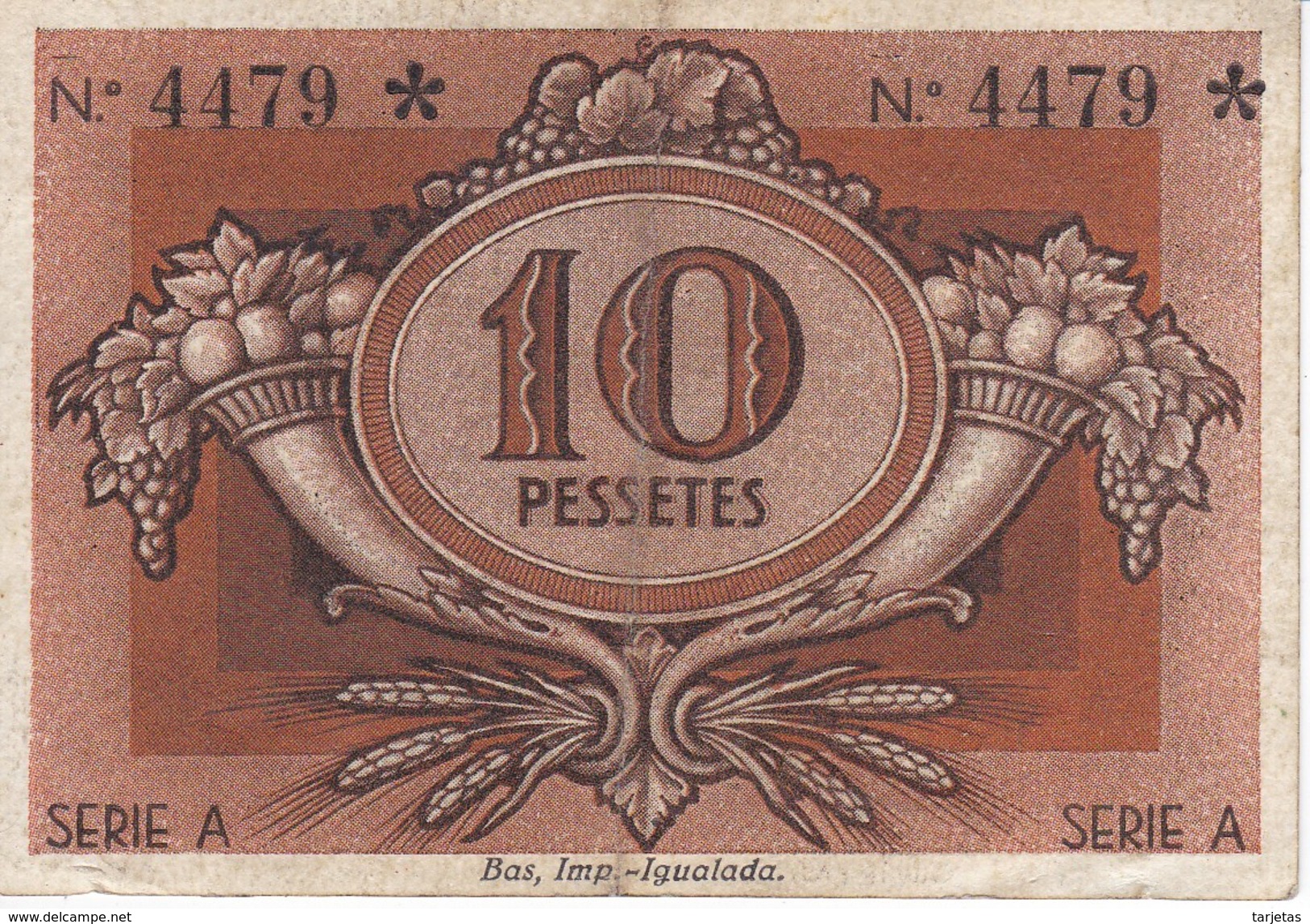 BILLETE DE 10 PESETAS DE LA COOPERATIVA UNIO DE COOPERADORS DE IGUALADA DEL AÑO 1938 - Other & Unclassified