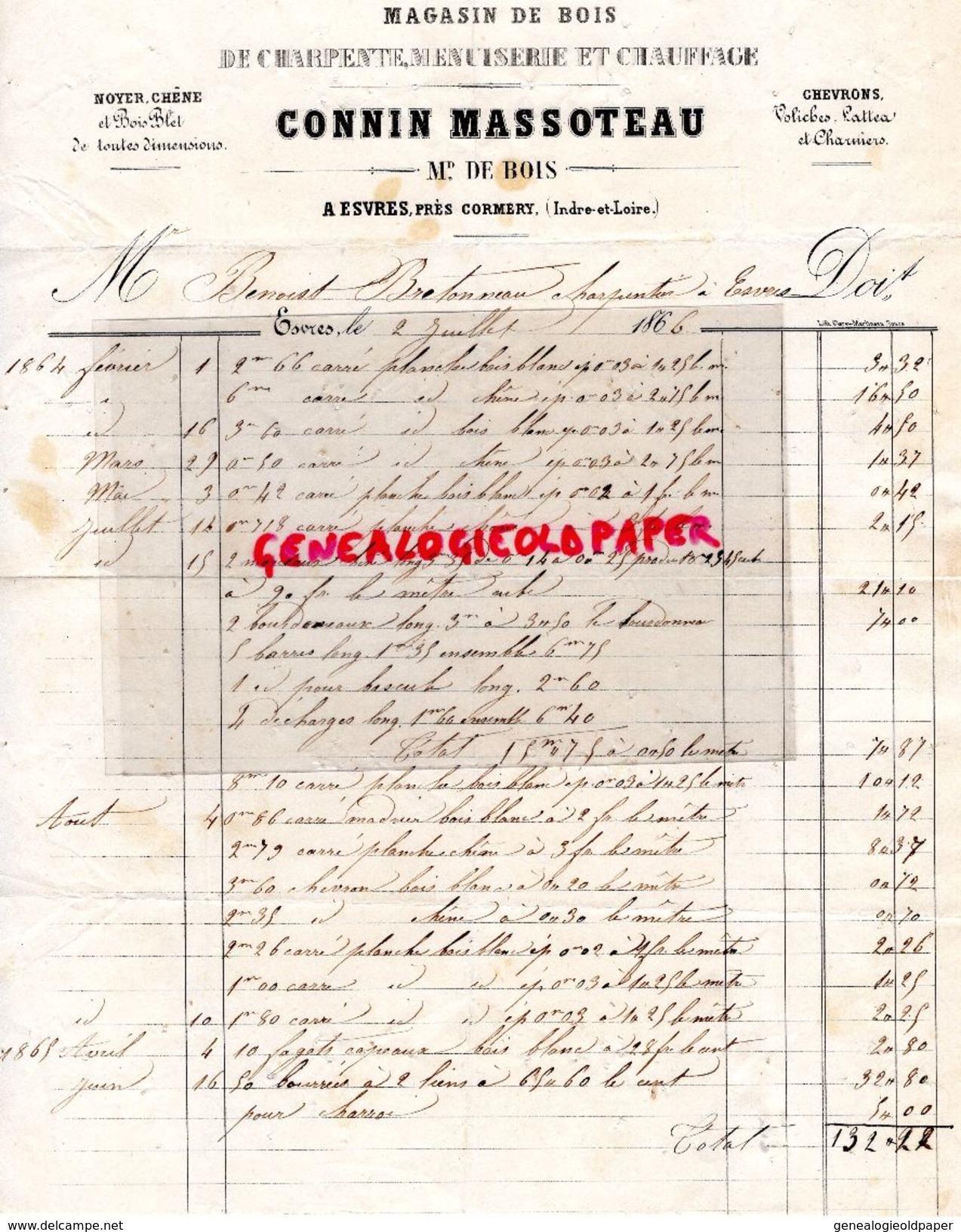 37- ESVRES PRES CORMERY- RARE LETTRE 1866- CONNIN MASSOTEAU-MAGASIN DE BOIS CHARPENTE-MENUISERIE-NOYER CHENE- - 1800 – 1899