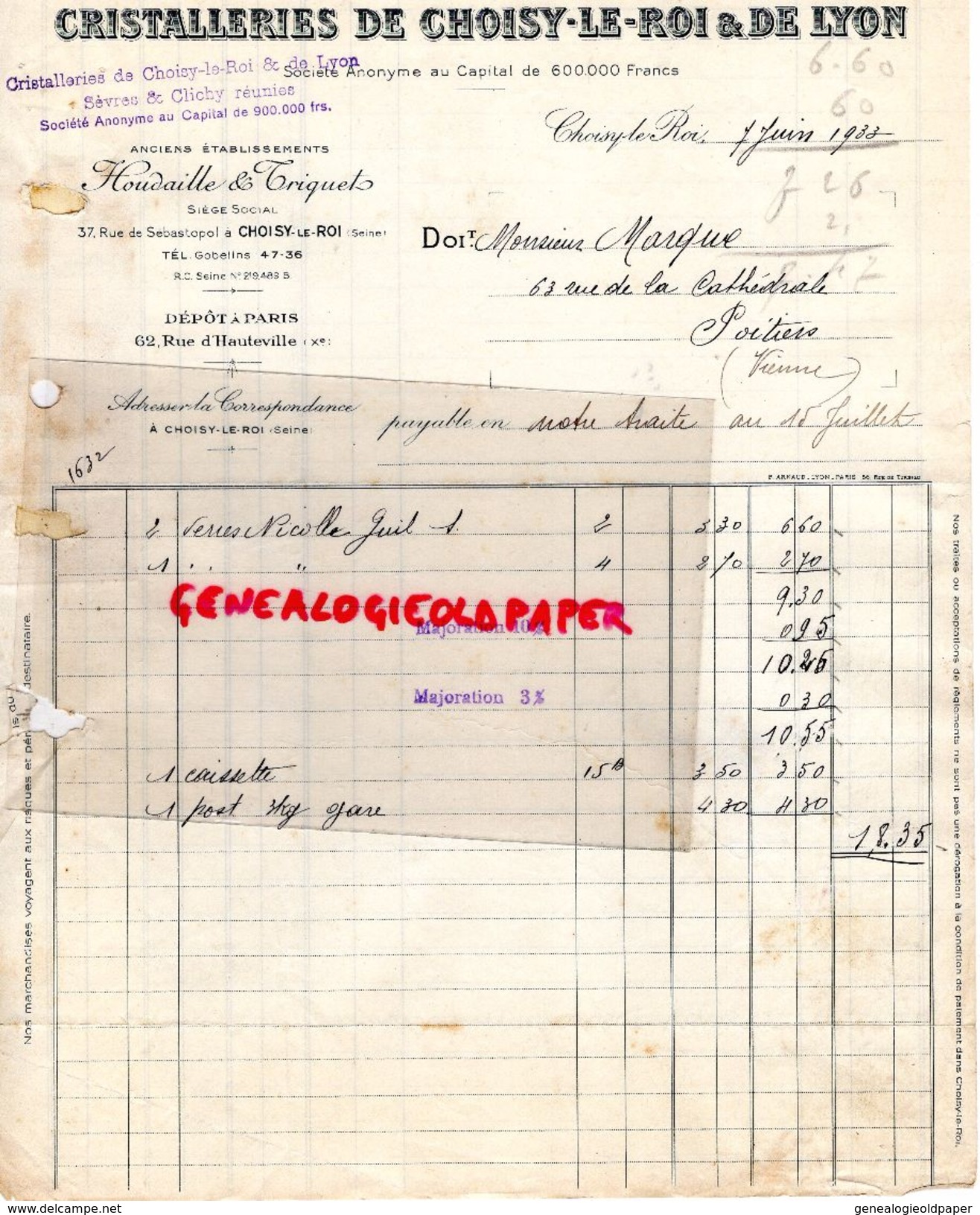 94- CHOISY LE ROI- FACTURE CRISTALLERIES DELYON- CRISTAL  SEVRES ET CLICHY-HOUDAILLE & TRIQUET-37 RUE SEBASTOPOL-1933 - Old Professions