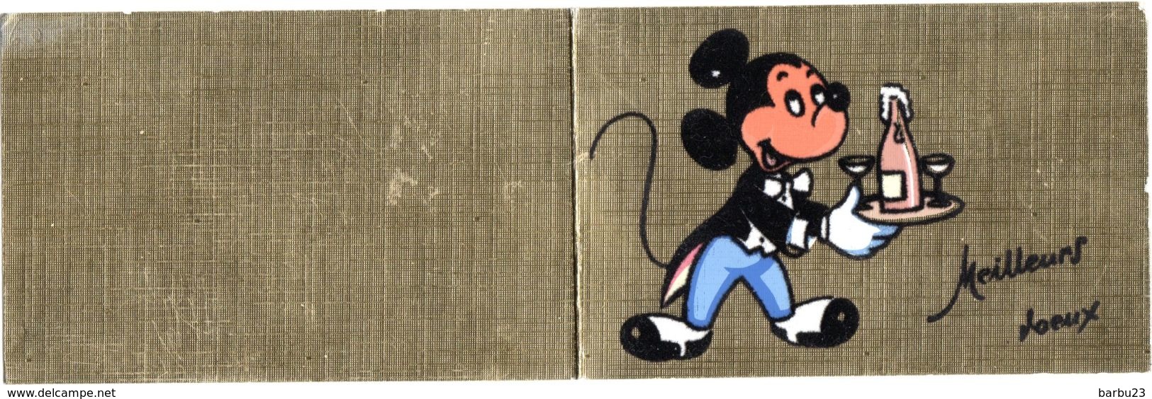 Carte Vierge Meilleurs Voeux Mickey 2 Volets Carton Toilé Doré Avec Son Enveloppe 13 X 7 Cm - Autres & Non Classés