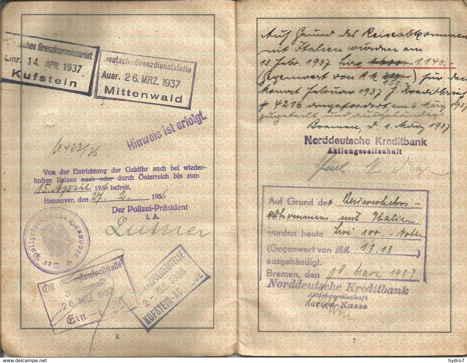 Nazi Germany 1936 Passport  Reisepass  Italian Visa Border Stamps  Passaporto - Historische Dokumente