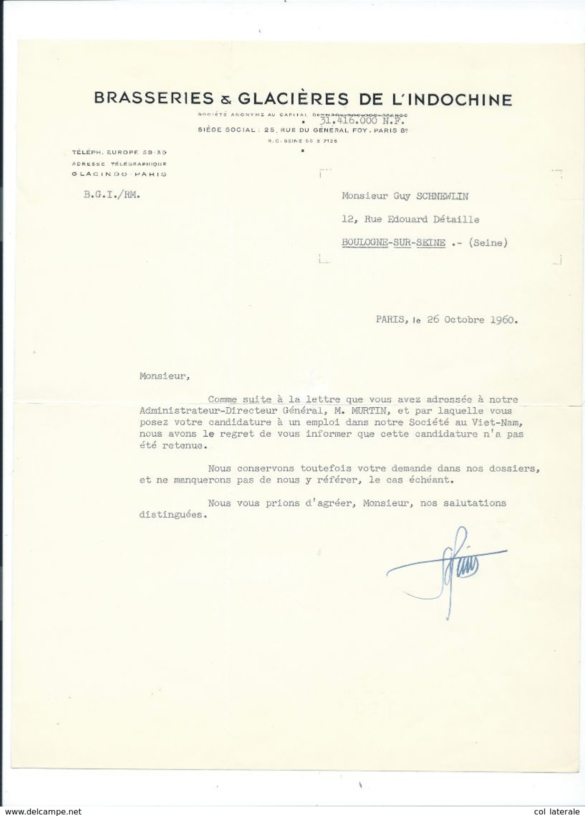 Indochine Brasseries Et Glacières Paris 1960 Document Bien Colonies Françaises - Autres & Non Classés