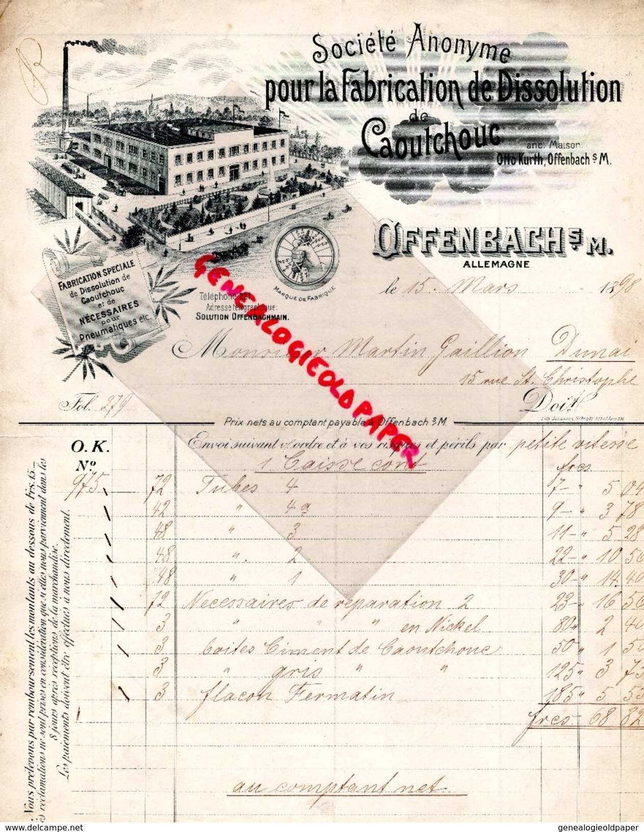 ALLEMAGNE-OFFENBACH- OTTO KURTH-RARE FACTURE FABRICATION DISSOLUTION CAOUTCHOUC-PNEUMATIQUE-1898-MARTIN GAILLION DOUAI - 1800 – 1899