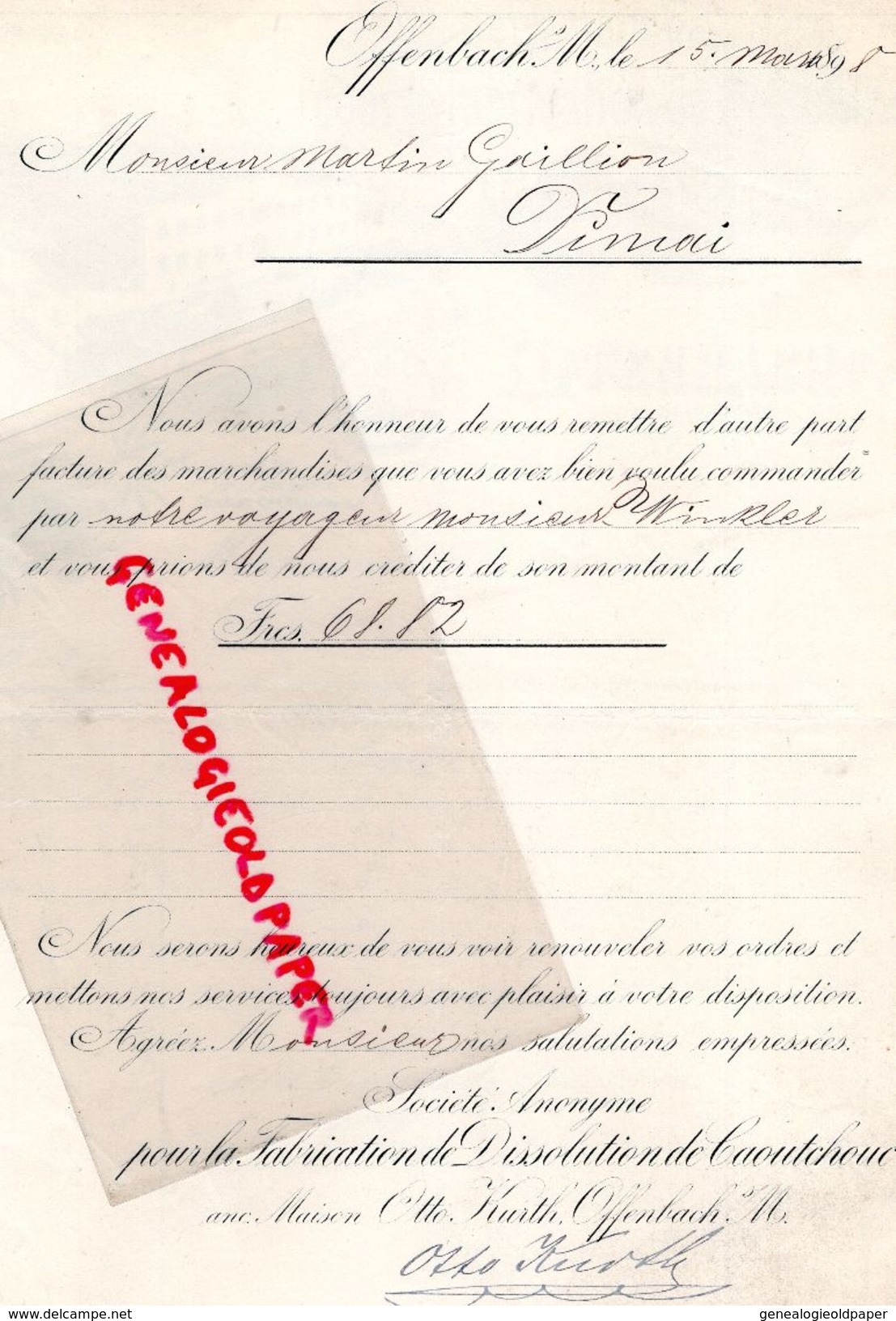 ALLEMAGNE-OFFENBACH- OTTO KURTH-RARE FACTURE FABRICATION DISSOLUTION CAOUTCHOUC-PNEUMATIQUE-1898-MARTIN GAILLION DOUAI - 1800 – 1899